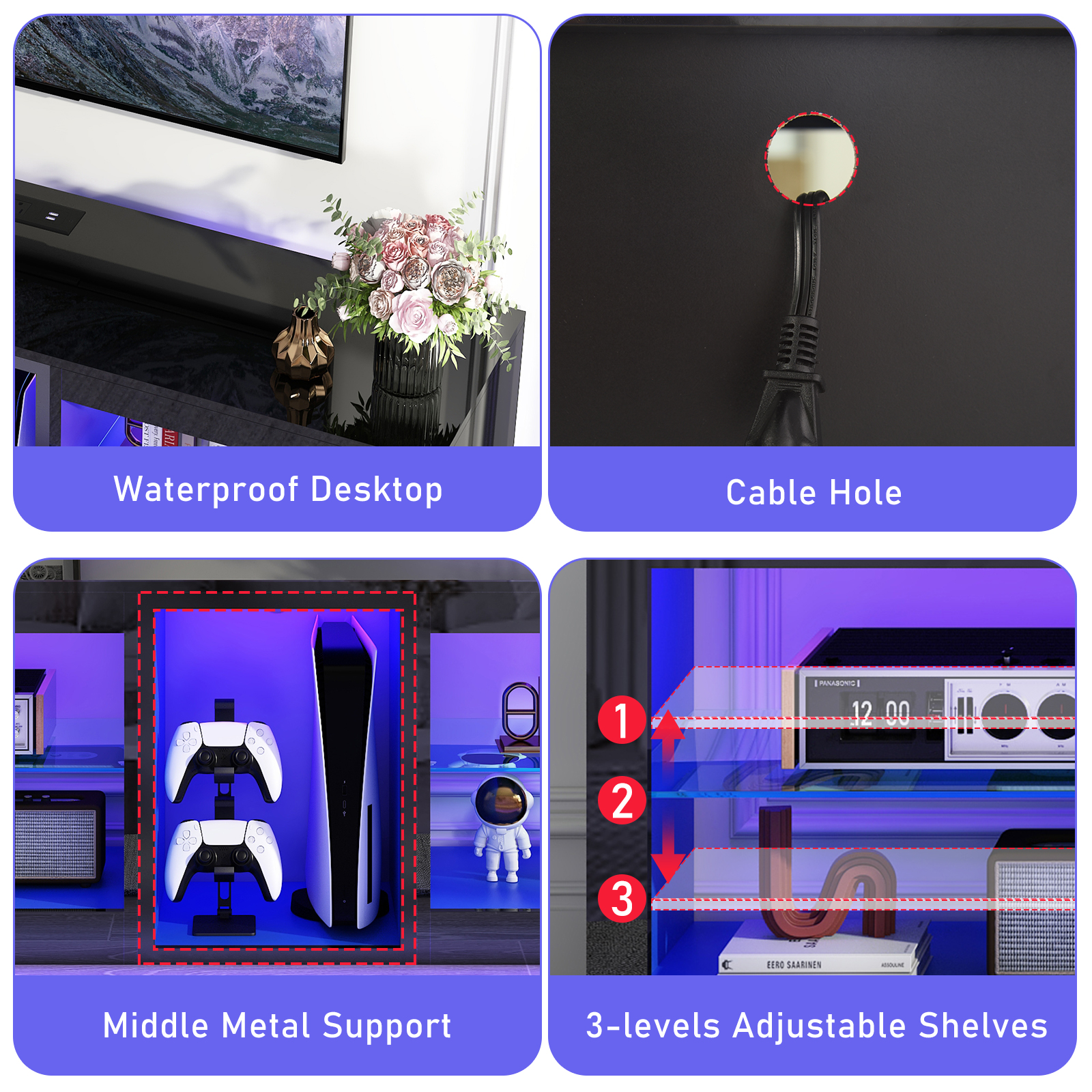 Hlivelood Gaming TV Stands with LED Lights and Power Outlet for 55/60/65/70 inch TV, High Gloss Entertainment Center with Adjustable Glass Shelves for Living Room Game room