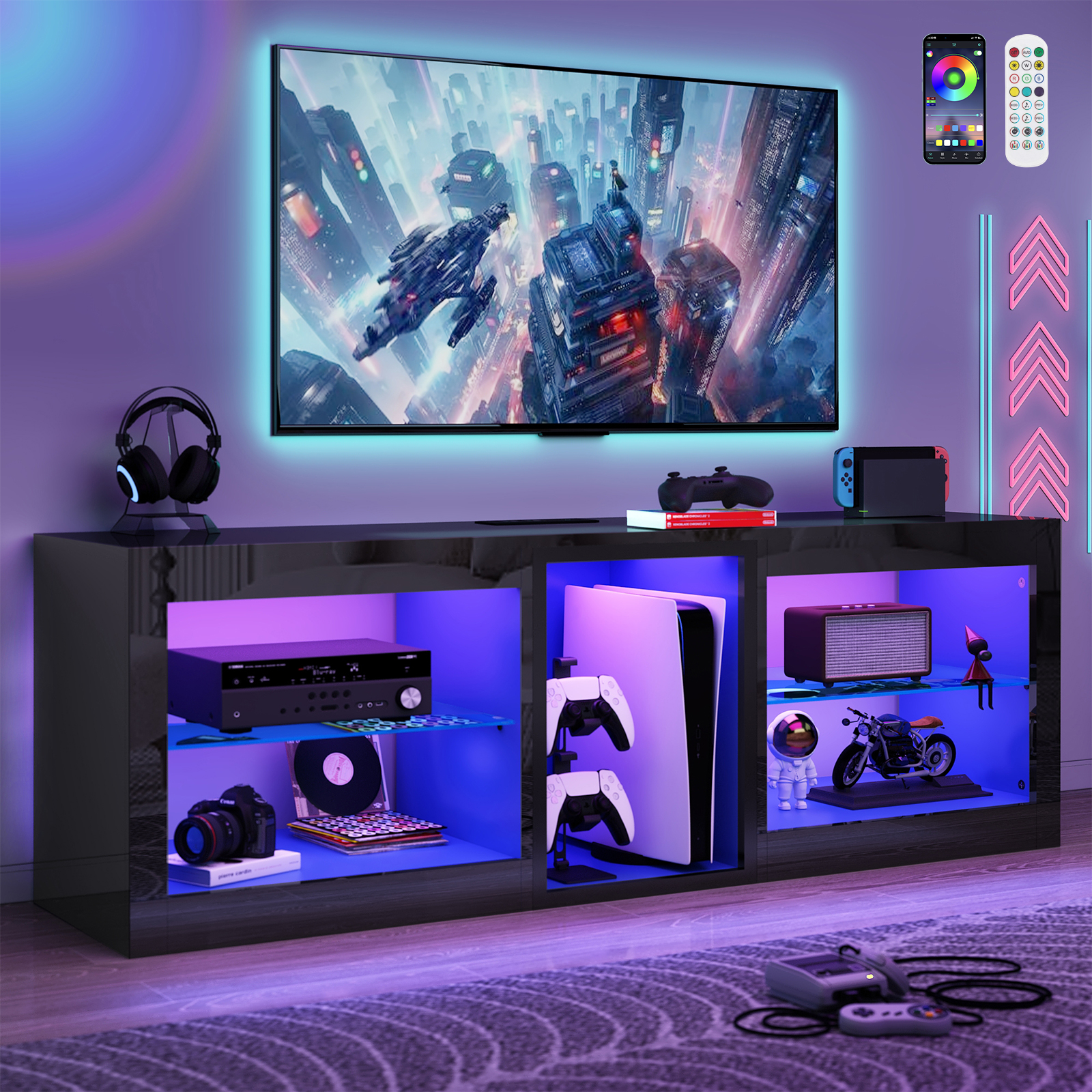 Hlivelood Gaming TV Stands with LED Lights and Power Outlet for 55/60/65/70 inch TV, High Gloss Entertainment Center with Adjustable Glass Shelves for Living Room Game room
