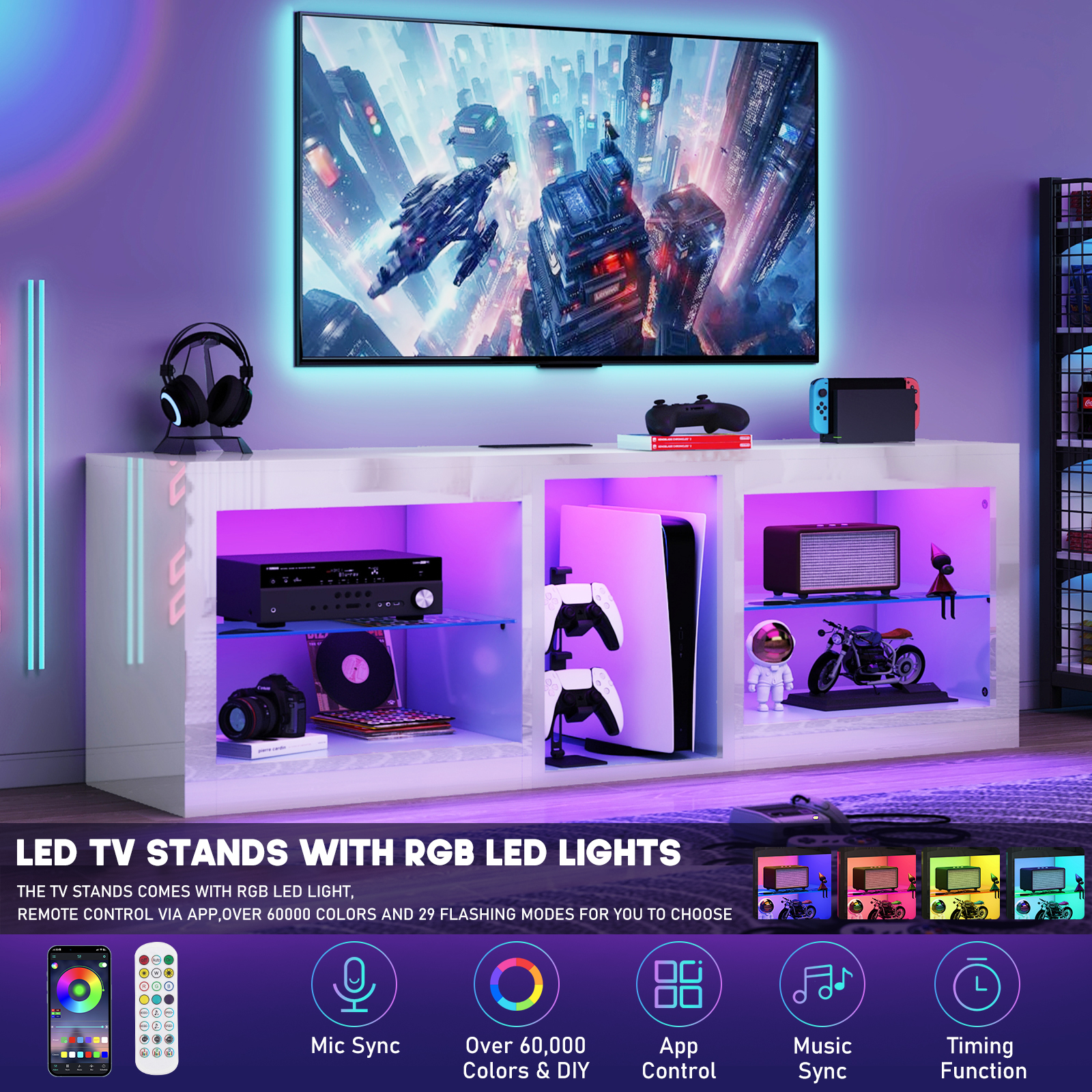 Hlivelood Gaming TV Stands with LED Lights and Power Outlet for 55/60/65/70 inch TV, High Gloss Entertainment Center with Adjustable Glass Shelves for Living Room Game room