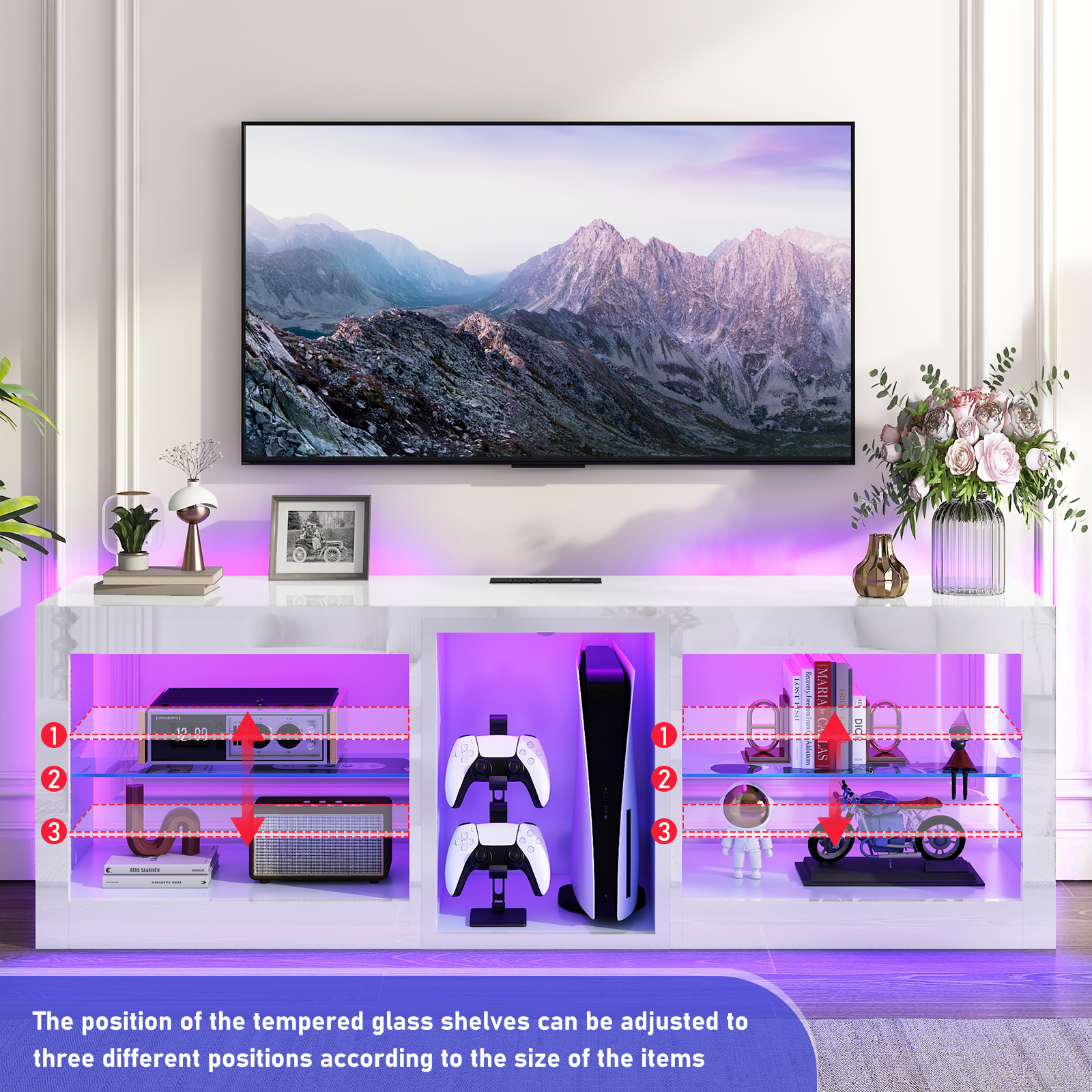 Hlivelood Gaming TV Stands with LED Lights and Power Outlet for 55/60/65/70 inch TV, High Gloss Entertainment Center with Adjustable Glass Shelves for Living Room Game room