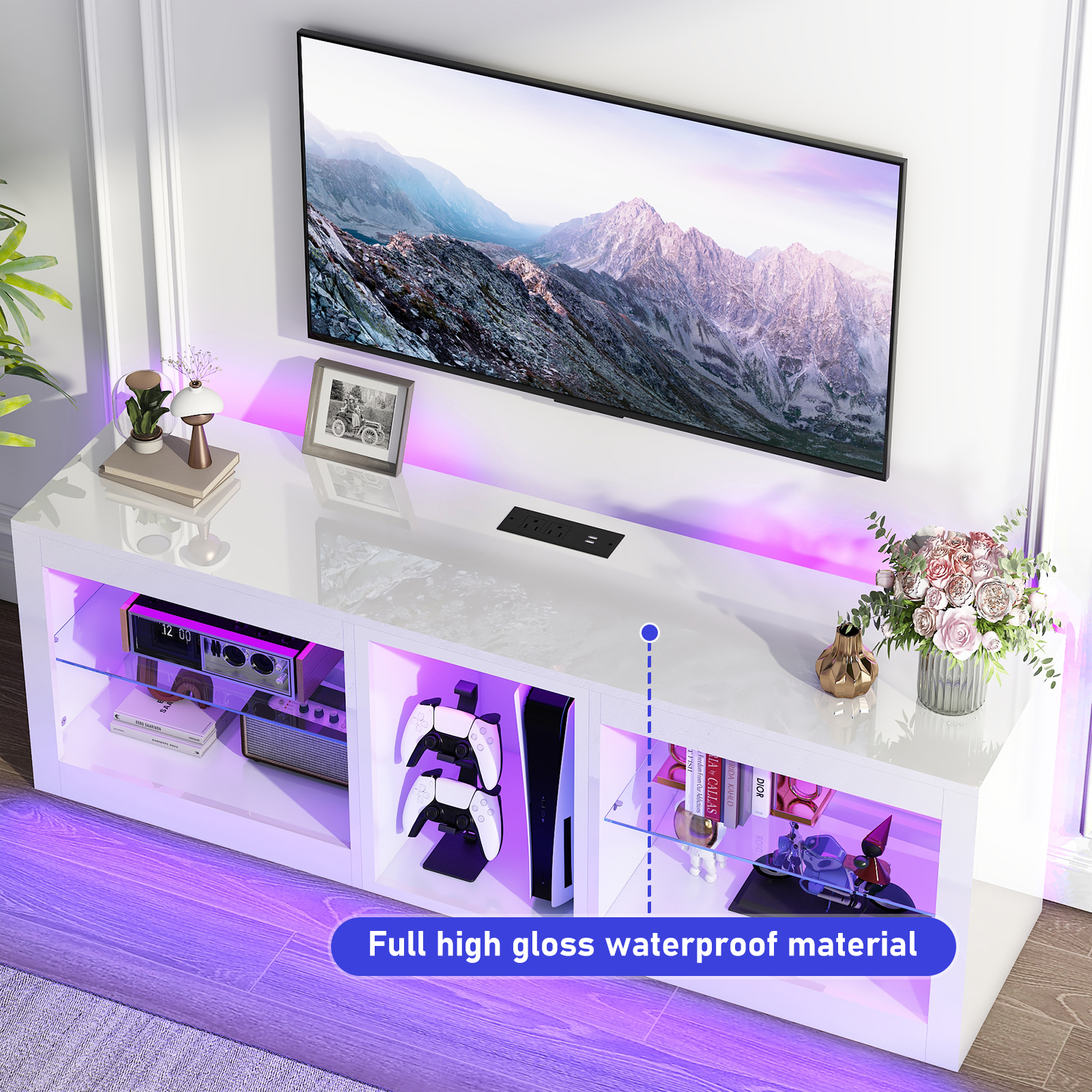 Hlivelood Gaming TV Stands with LED Lights and Power Outlet for 55/60/65/70 inch TV, High Gloss Entertainment Center with Adjustable Glass Shelves for Living Room Game room