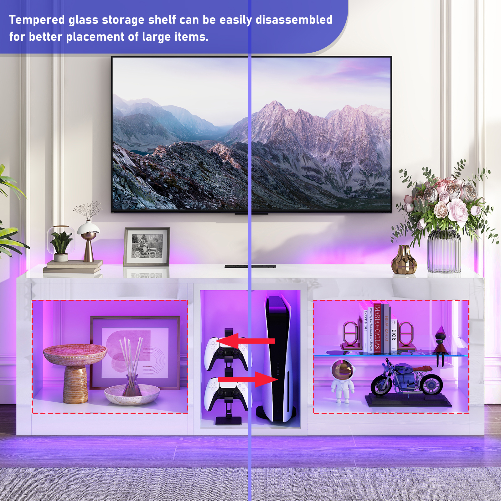 Hlivelood Gaming TV Stands with LED Lights and Power Outlet for 55/60/65/70 inch TV, High Gloss Entertainment Center with Adjustable Glass Shelves for Living Room Game room