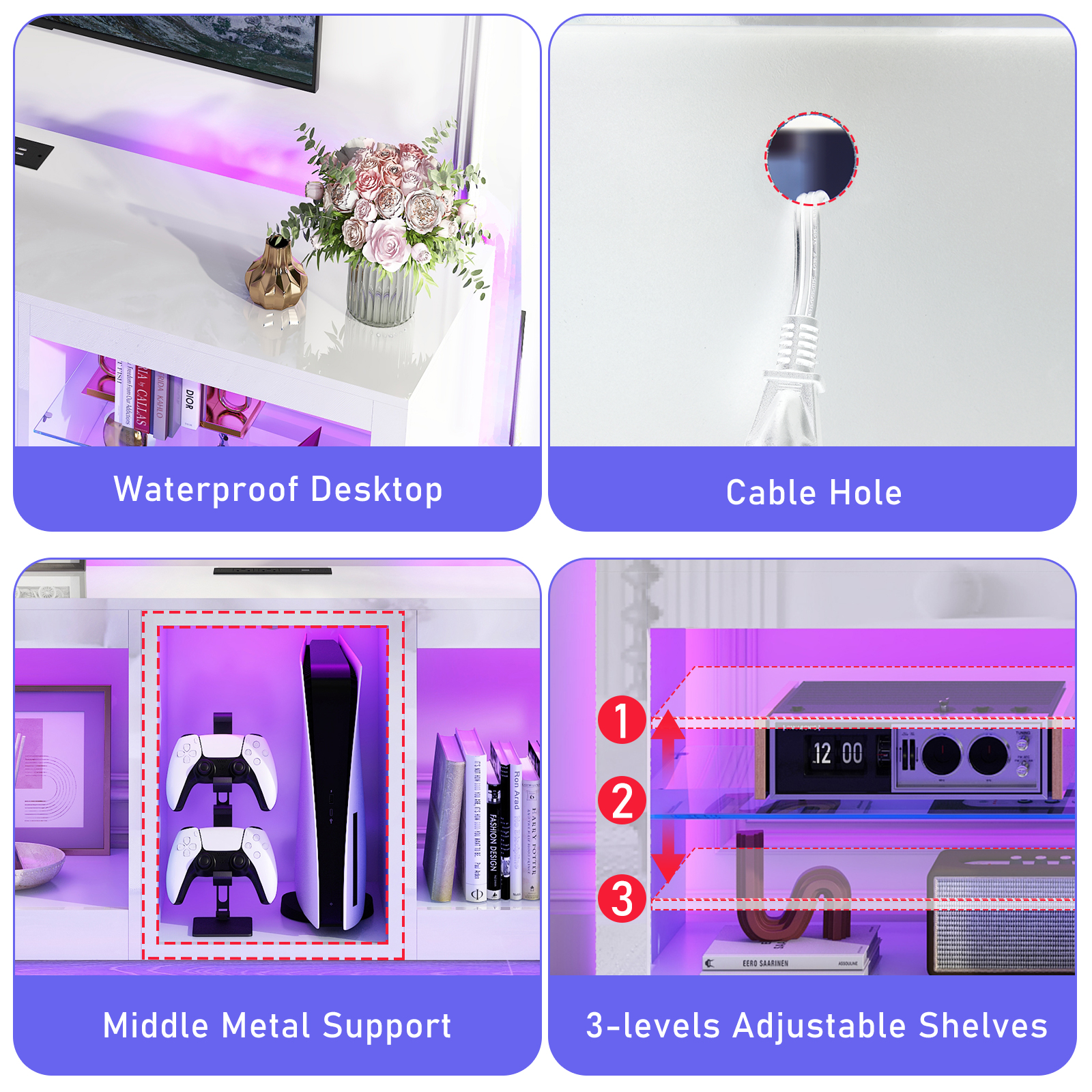 Hlivelood Gaming TV Stands with LED Lights and Power Outlet for 55/60/65/70 inch TV, High Gloss Entertainment Center with Adjustable Glass Shelves for Living Room Game room