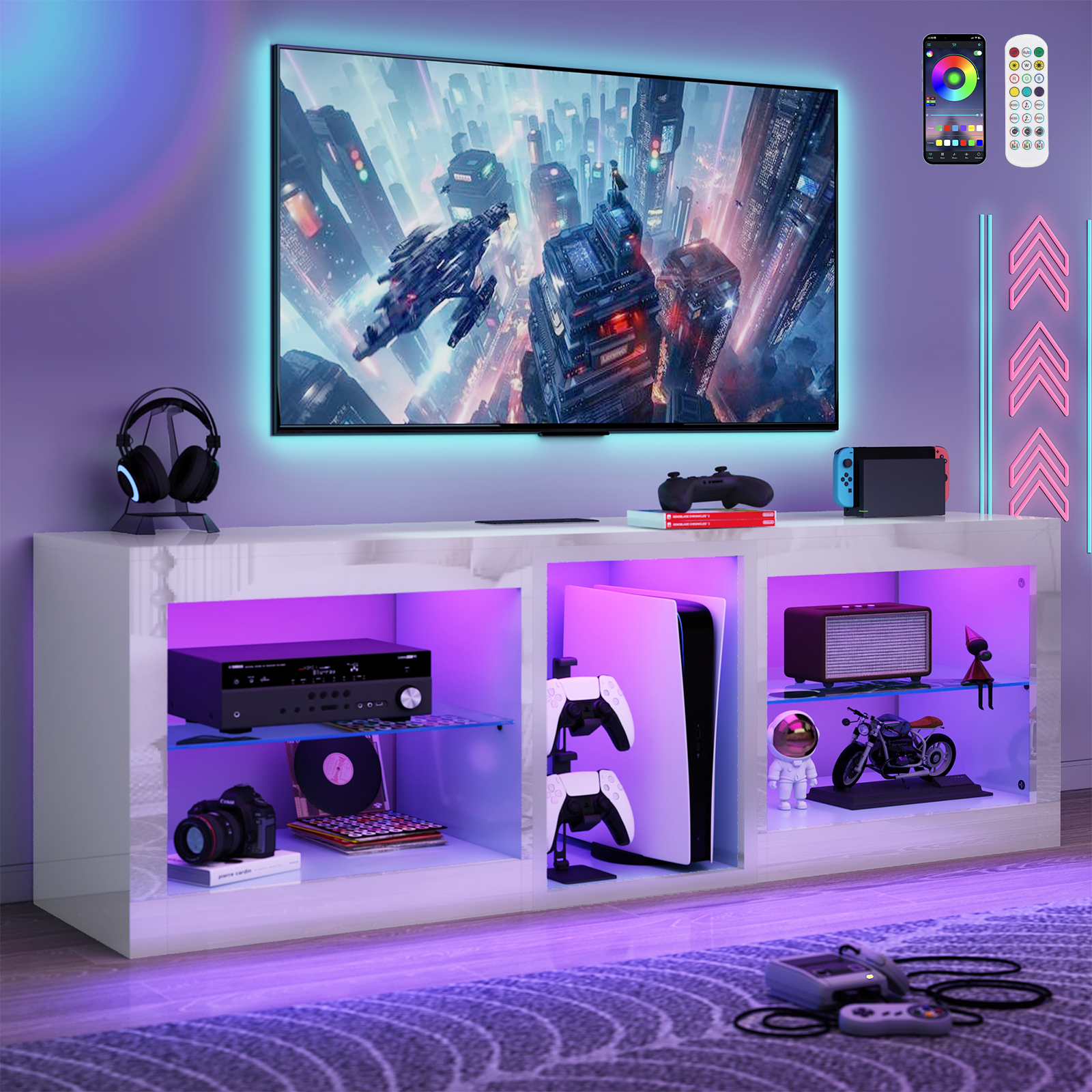 Hlivelood Gaming TV Stands with LED Lights and Power Outlet for 55/60/65/70 inch TV, High Gloss Entertainment Center with Adjustable Glass Shelves for Living Room Game room