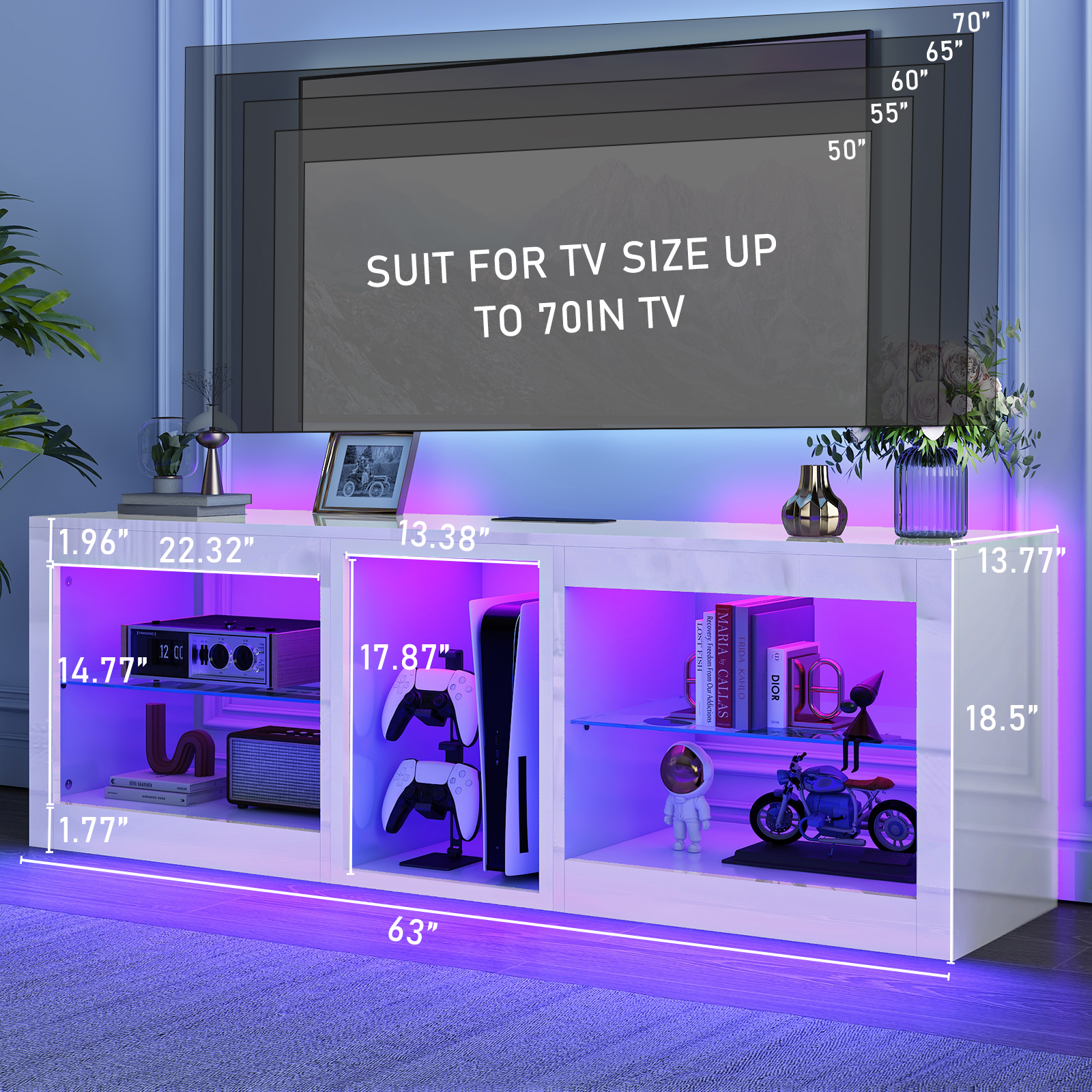 Hlivelood Gaming TV Stands with LED Lights and Power Outlet for 55/60/65/70 inch TV, High Gloss Entertainment Center with Adjustable Glass Shelves for Living Room Game room