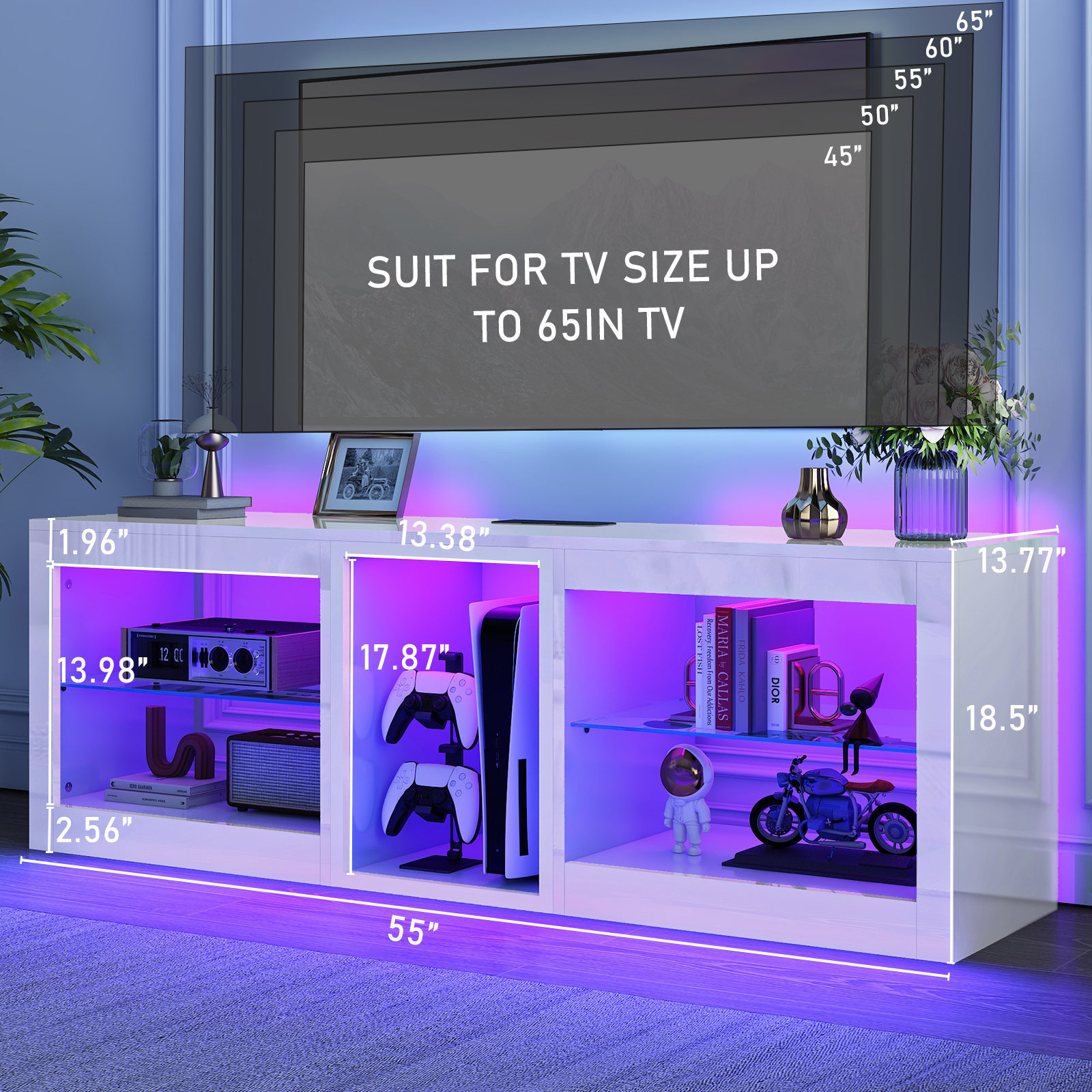 Hlivelood Gaming TV Stands with LED Lights and Power Outlet for 55/60/65/70 inch TV, High Gloss Entertainment Center with Adjustable Glass Shelves for Living Room Game room
