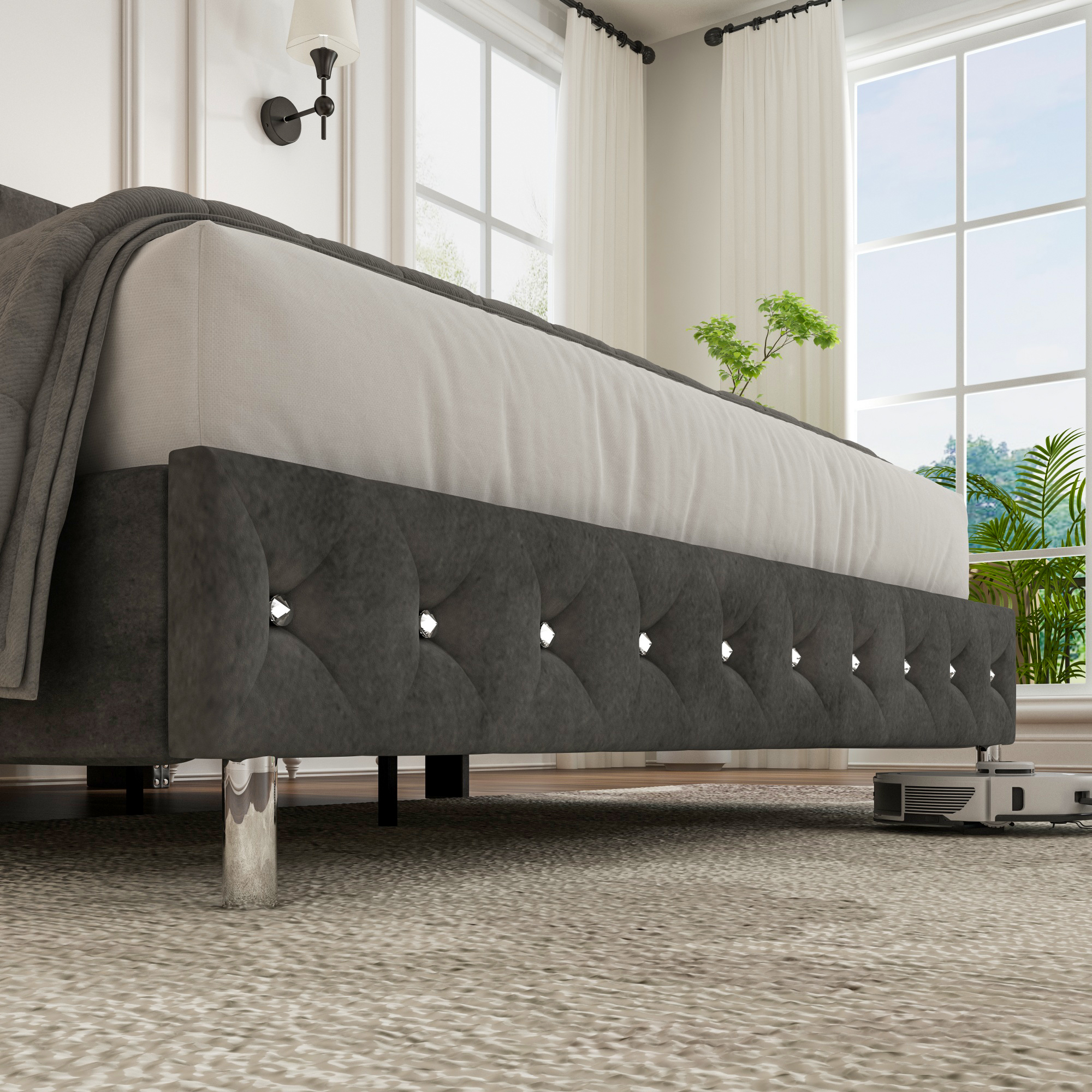 Blotout Queen Size Bed Frame, Modern Upholstered Platform Bed with LED Lights & Side Pockets, High Wingback Headboard LED Bed, Dark Gray