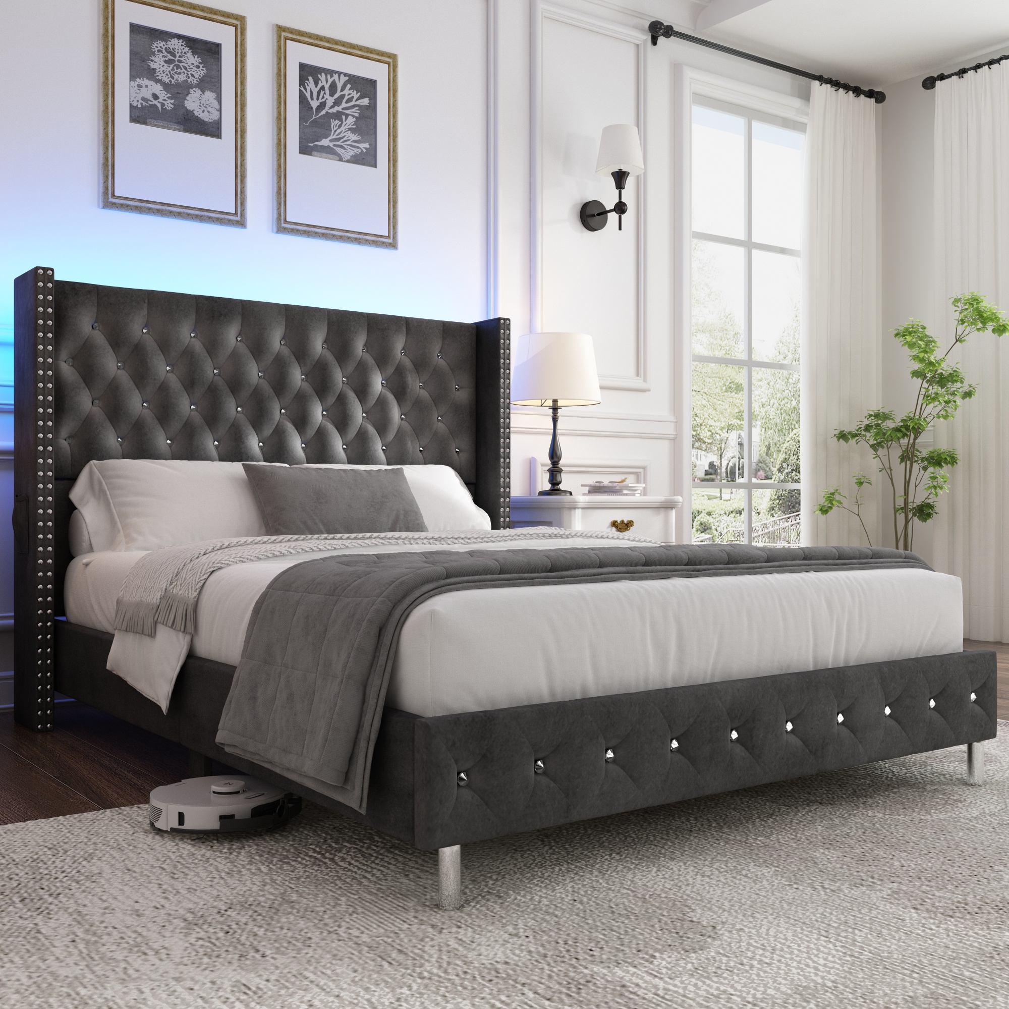 Blotout Queen Size Bed Frame, Modern Upholstered Platform Bed with LED Lights & Side Pockets, High Wingback Headboard LED Bed, Dark Gray