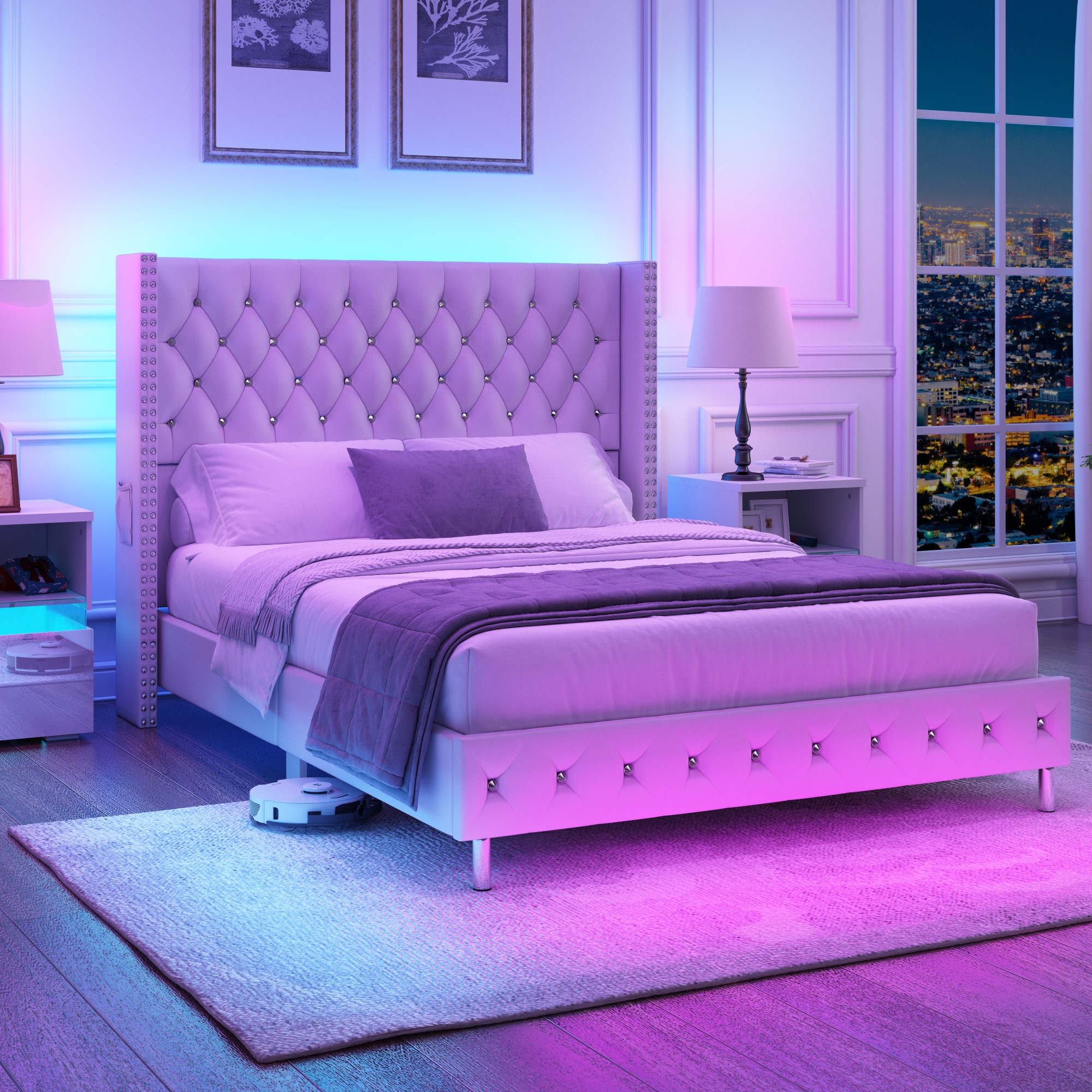 Blotout Queen Size Bed Frame, Modern Upholstered Platform Bed with LED Lights & Side Pockets, High Wingback Headboard LED Bed, Dark Gray