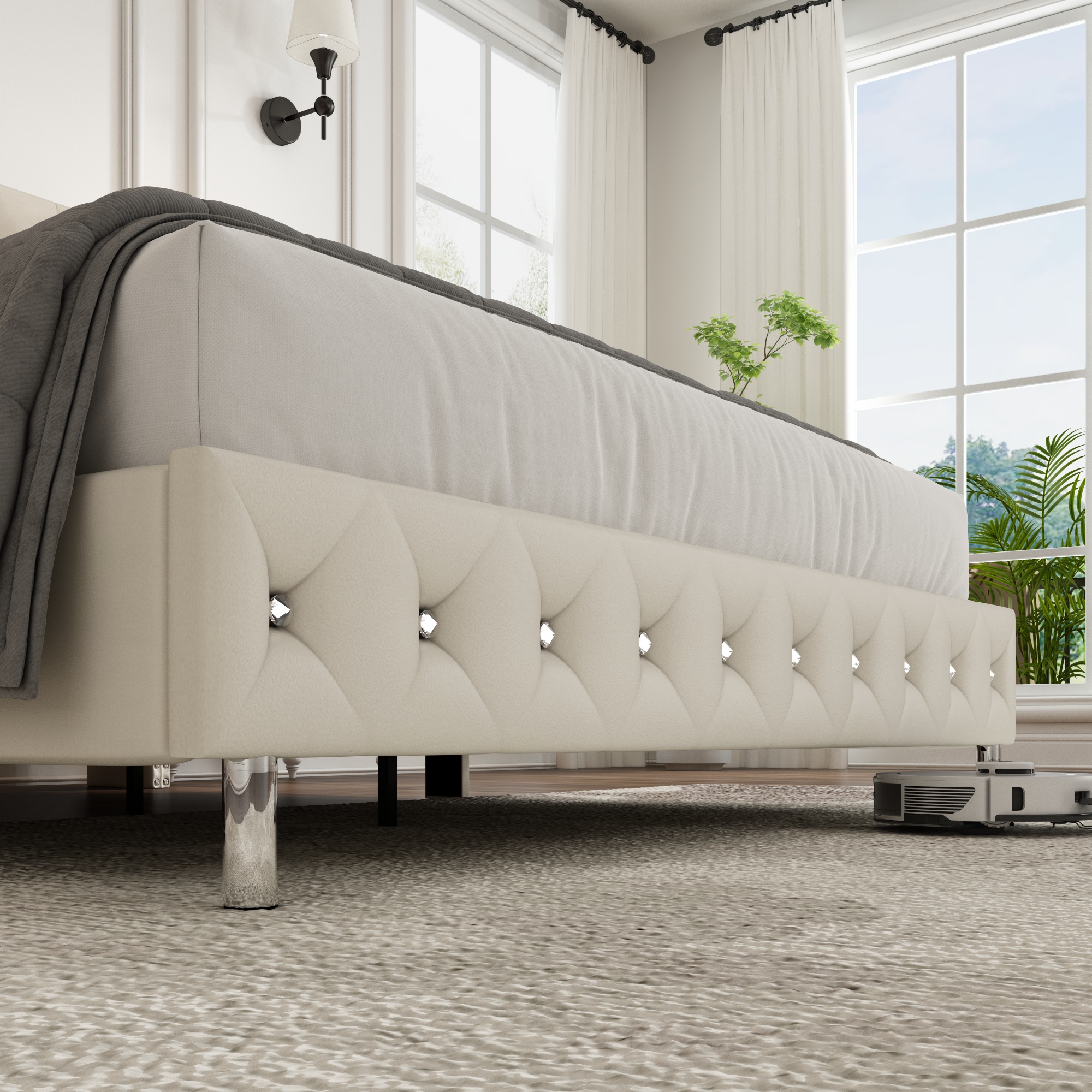 Blotout Queen Size Bed Frame, Modern Upholstered Platform Bed with LED Lights & Side Pockets, High Wingback Headboard LED Bed, Dark Gray