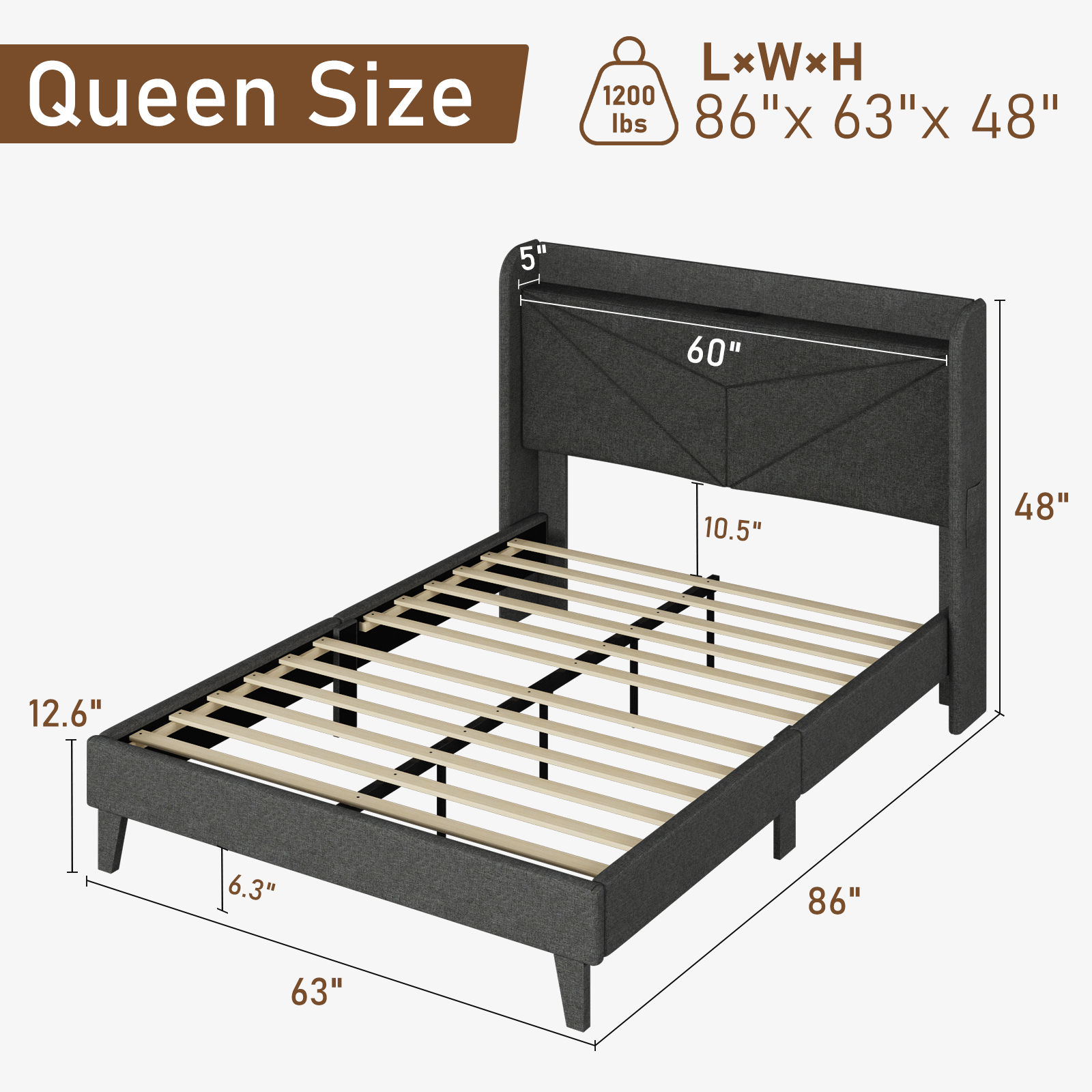 Wingback Upholstered Bed Frame with LED Headboard & Charging Ports