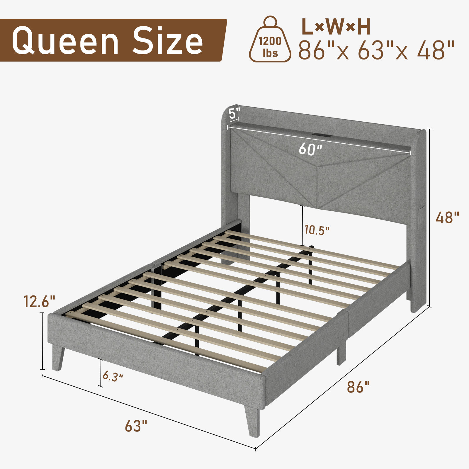 Wingback Upholstered Bed Frame with LED Headboard & Charging Ports