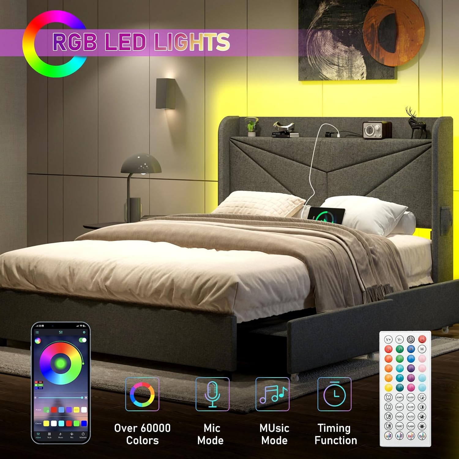 LED Bed Frame with Powet Outlet Type-C & USB Ports & 4 Storage Drawers, Wingback