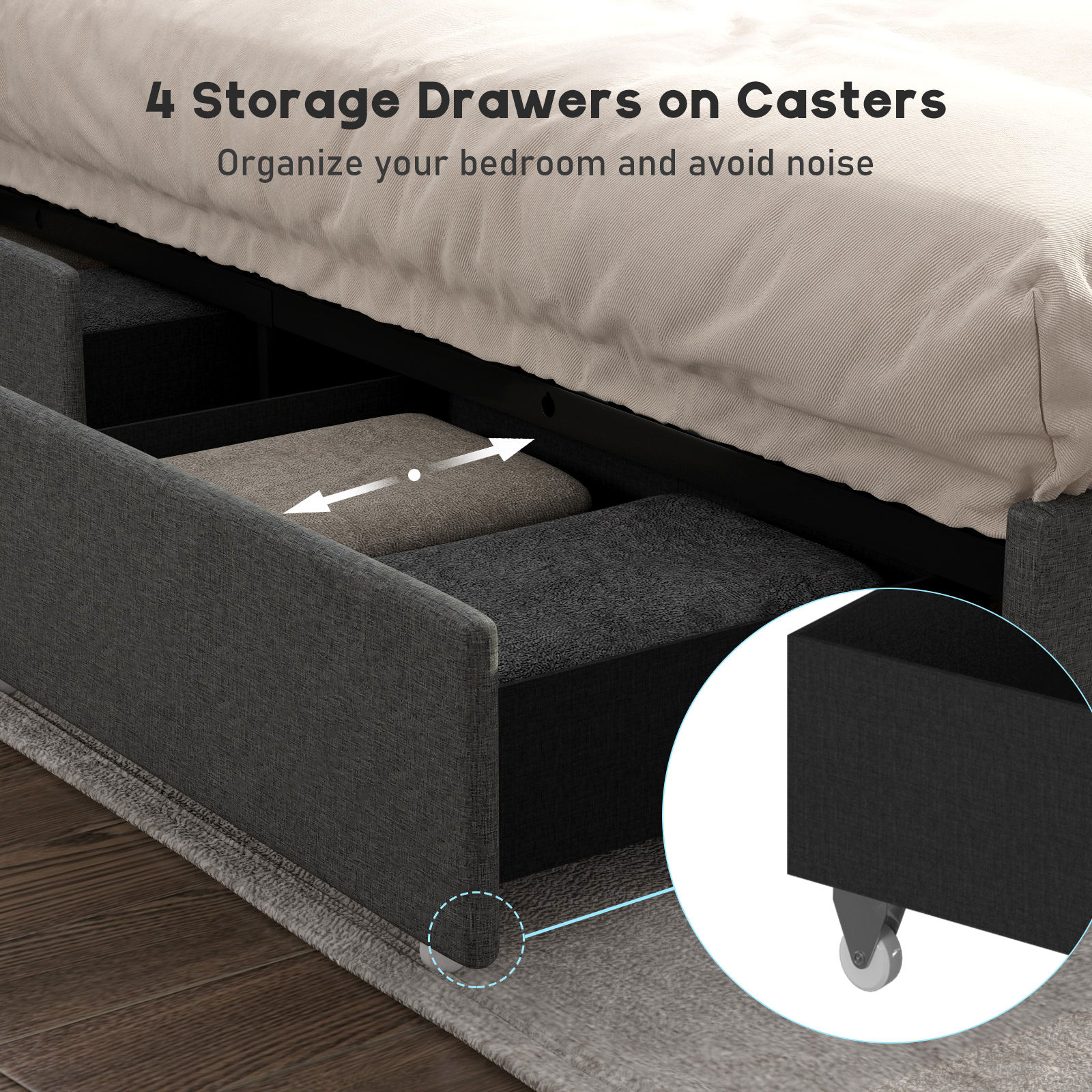 LED Bed Frame with Powet Outlet Type-C & USB Ports & 4 Storage Drawers, Wingback