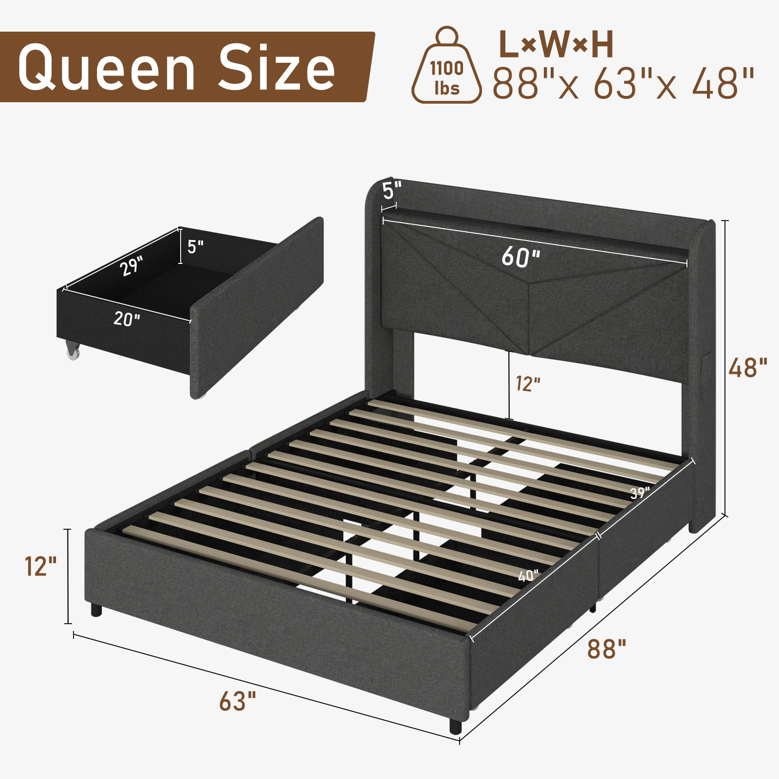 LED Bed Frame with Powet Outlet Type-C & USB Ports & 4 Storage Drawers, Wingback