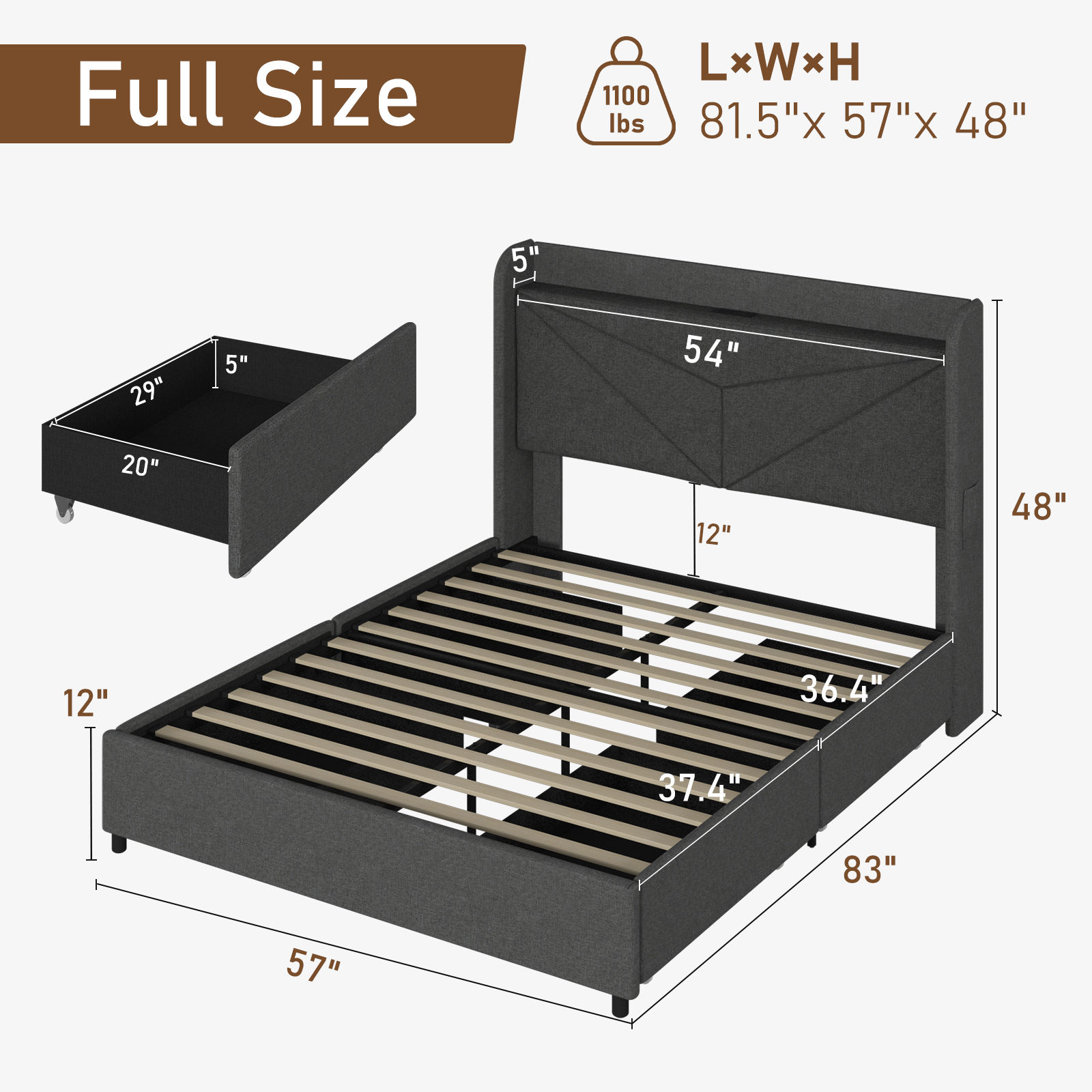 LED Bed Frame with Powet Outlet Type-C & USB Ports & 4 Storage Drawers, Wingback