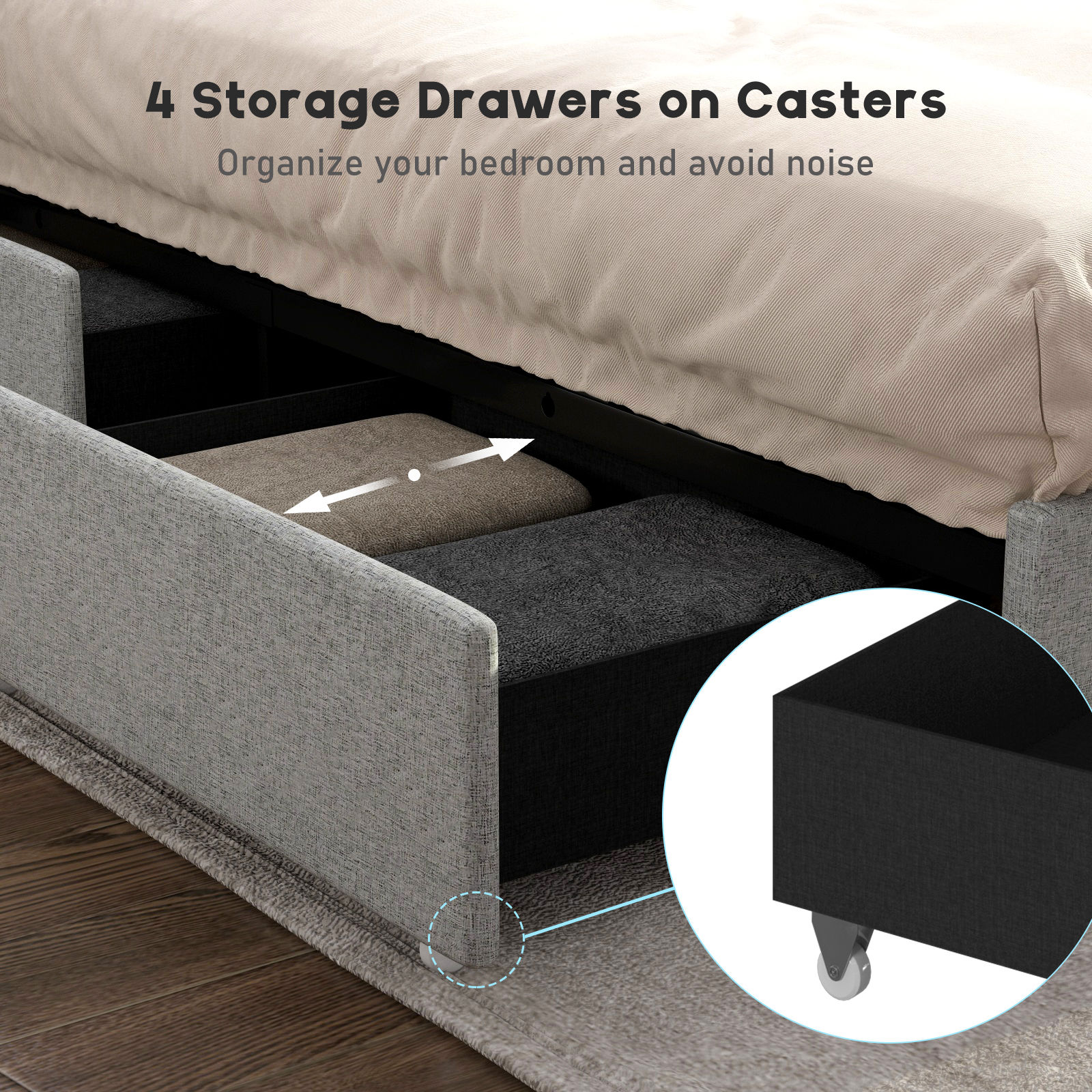 LED Bed Frame with Powet Outlet Type-C & USB Ports & 4 Storage Drawers, Wingback