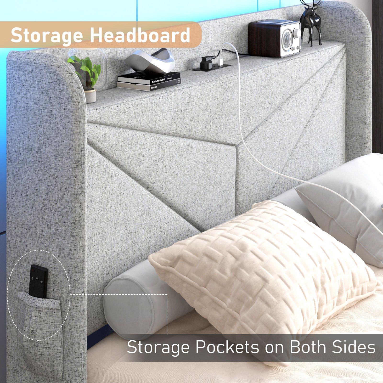 LED Bed Frame with Powet Outlet Type-C & USB Ports & 4 Storage Drawers, Wingback