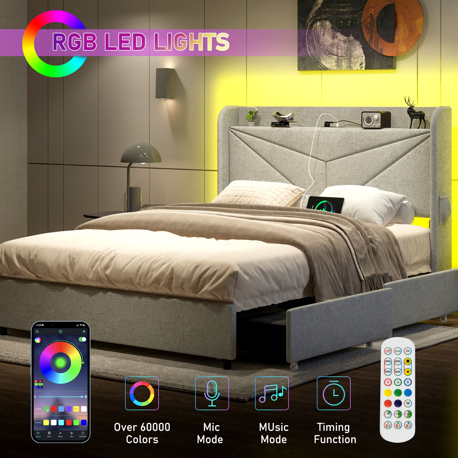 LED Bed Frame with Powet Outlet Type-C & USB Ports & 4 Storage Drawers, Wingback