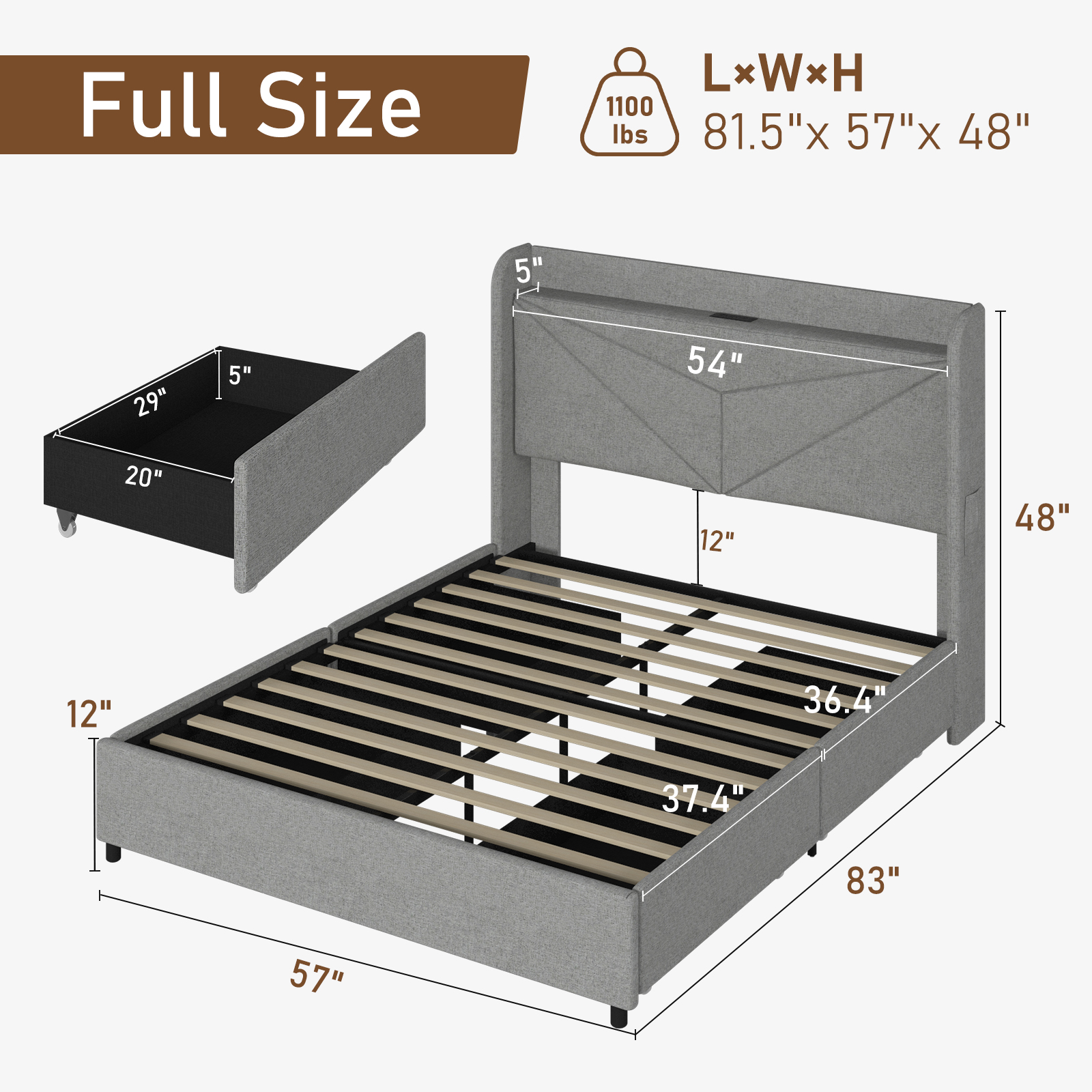 LED Bed Frame with Powet Outlet Type-C & USB Ports & 4 Storage Drawers, Wingback