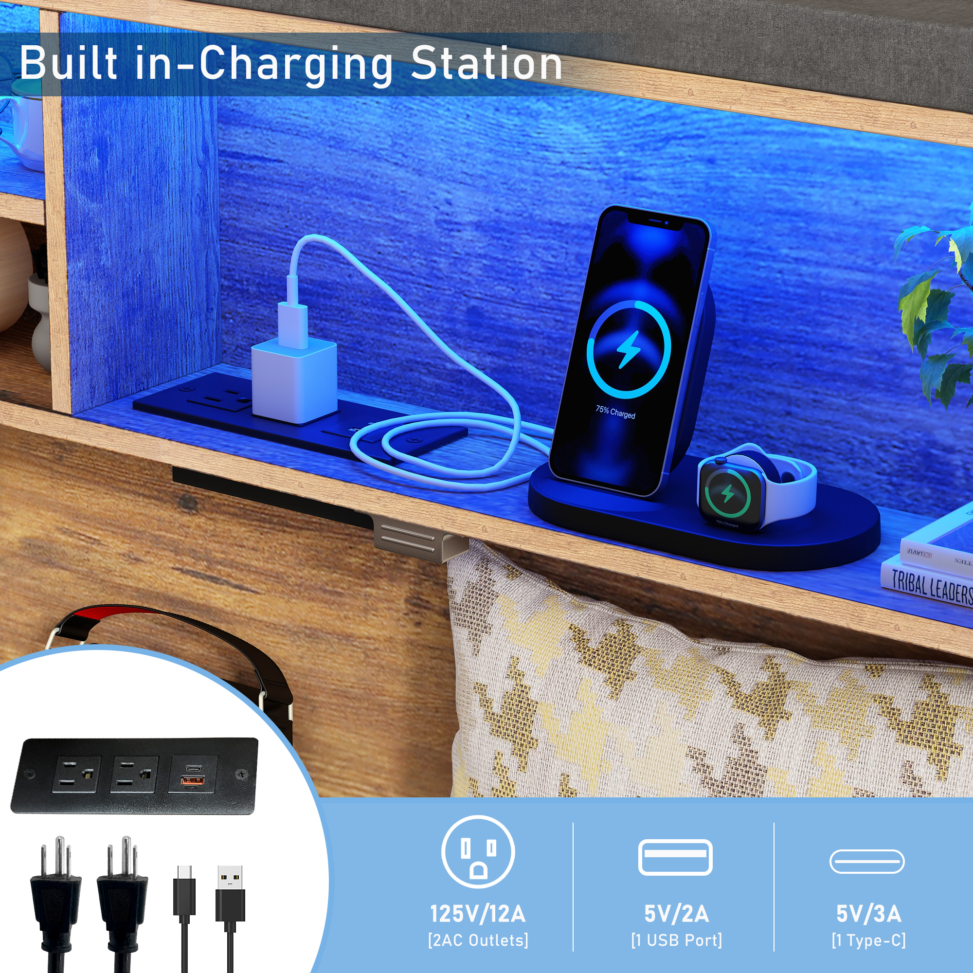 Blotout Queen Size LED Bed Frame with Charging Station, Platform Bed Frame with Height Adjustable Storage Headboard, Side Pockets & Drawers, Dark Gray