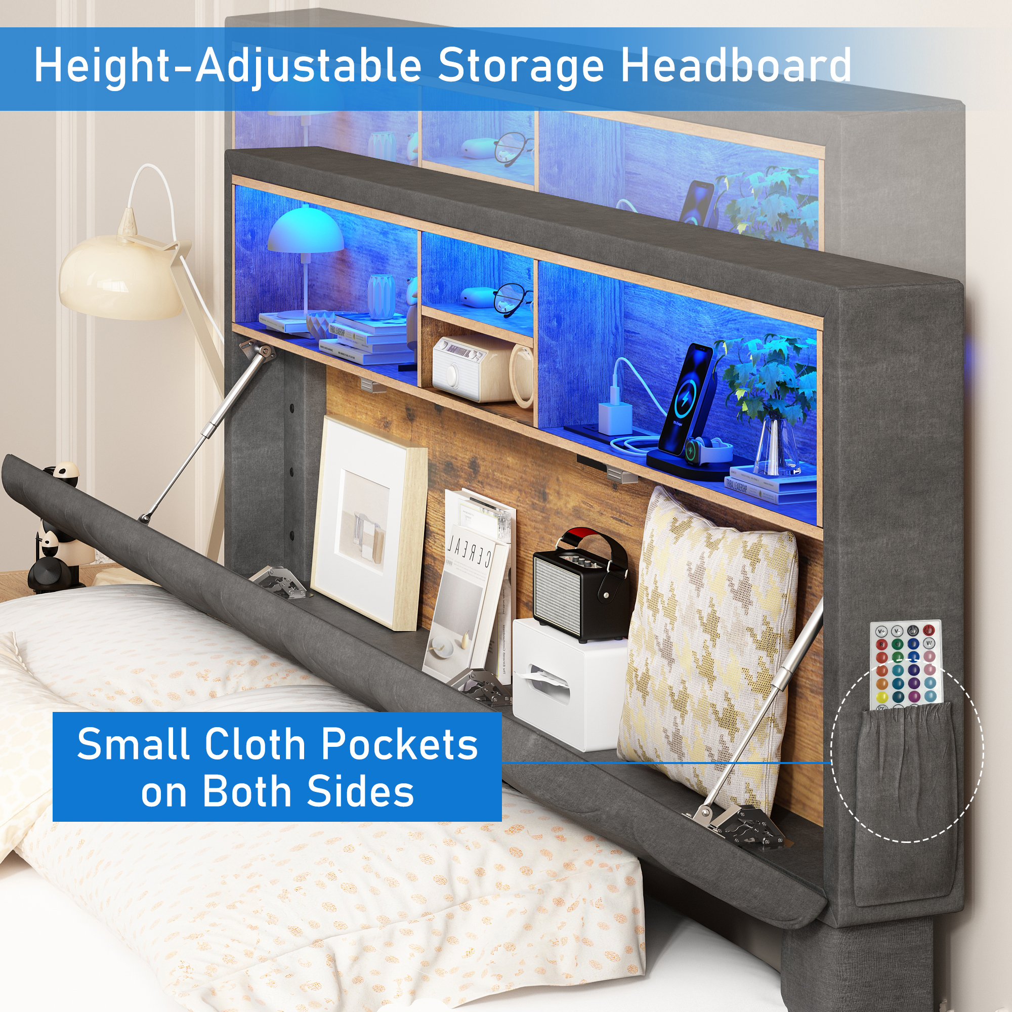 Blotout Queen Size LED Bed Frame with Charging Station, Platform Bed Frame with Height Adjustable Storage Headboard, Side Pockets & Drawers, Dark Gray