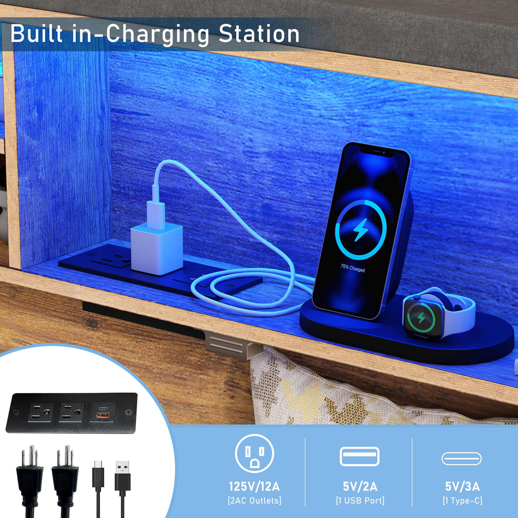 Blotout Queen Size LED Bed Frame with Charging Station, Platform Bed Frame with Height Adjustable Storage Headboard, Side Pockets & Drawers, Dark Gray