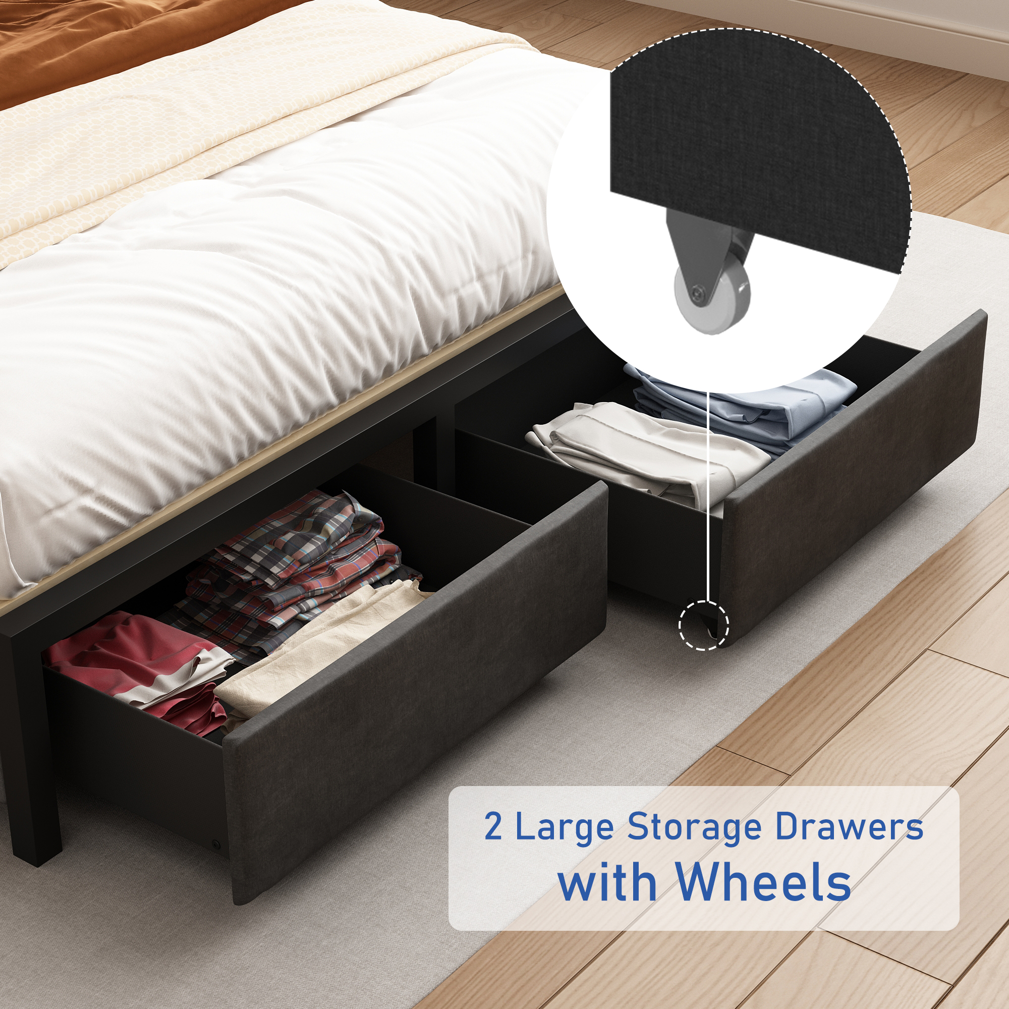 Blotout Queen Size LED Bed Frame with Charging Station, Platform Bed Frame with Height Adjustable Storage Headboard, Side Pockets & Drawers, Dark Gray