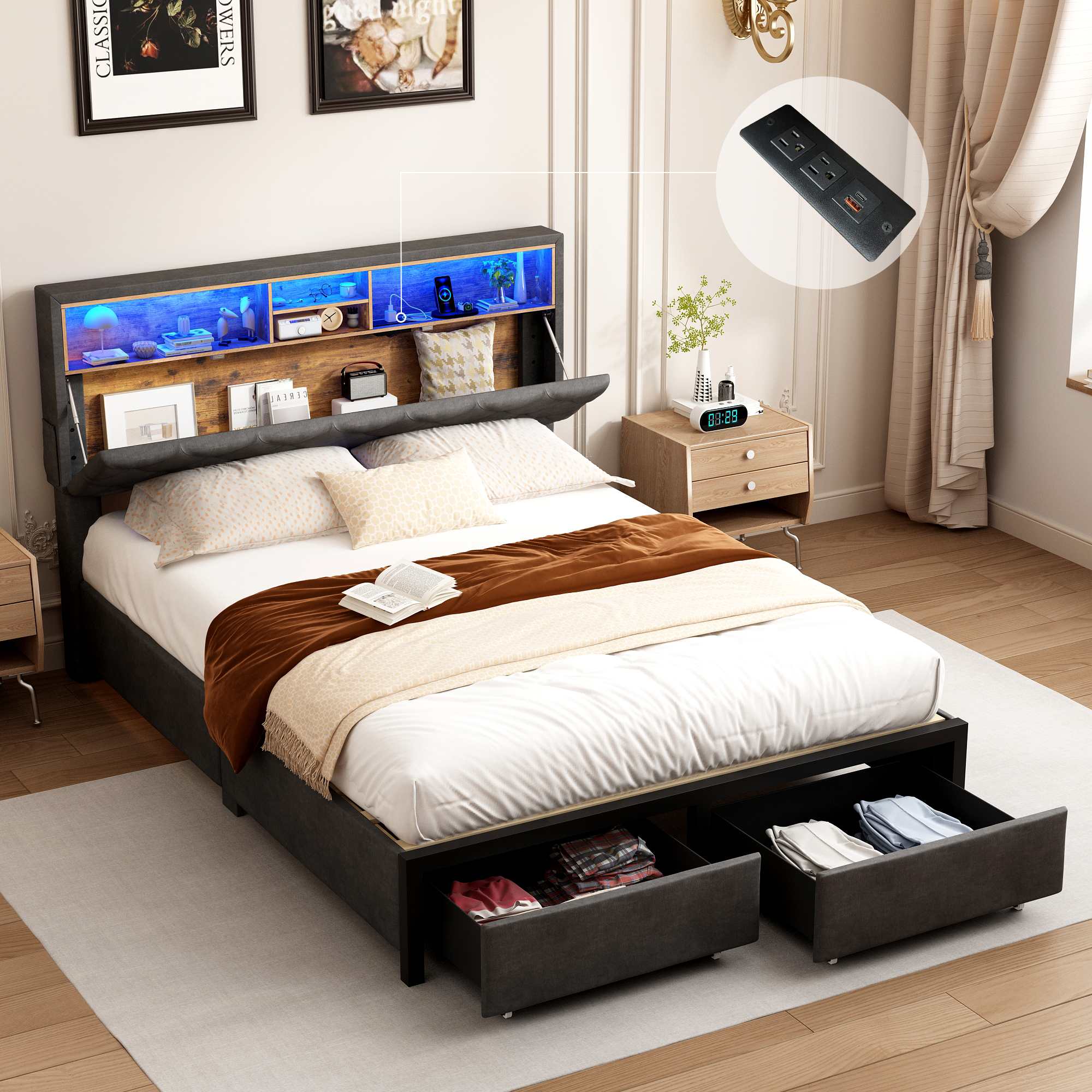 Blotout Queen Size LED Bed Frame with Charging Station, Platform Bed Frame with Height Adjustable Storage Headboard, Side Pockets & Drawers, Dark Gray