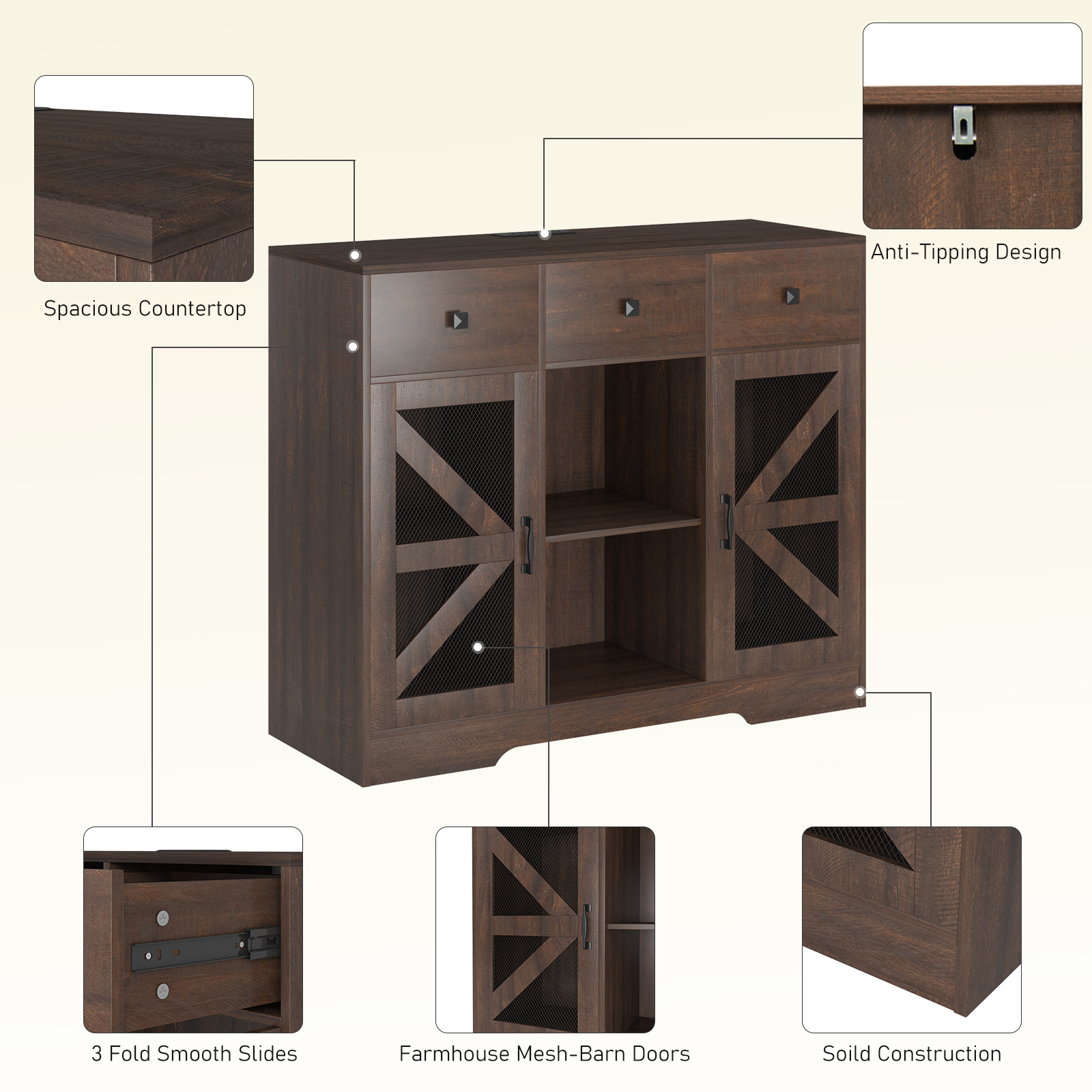 Modern Farmhouse 3 Drawer Coffee Bar Cabinet with Power Outlet, Wood Sideboard Buffet Bar Cabinet with 2-Door Cabinet and Adjustble Shelves, White 42-inch