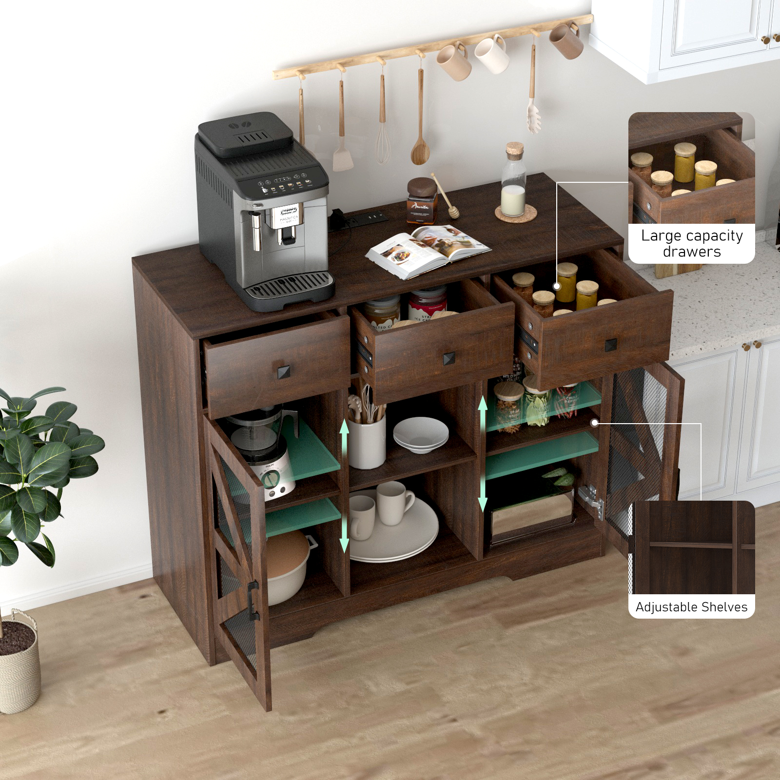 Modern Farmhouse 3 Drawer Coffee Bar Cabinet with Power Outlet, Wood Sideboard Buffet Bar Cabinet with 2-Door Cabinet and Adjustble Shelves, White 42-inch