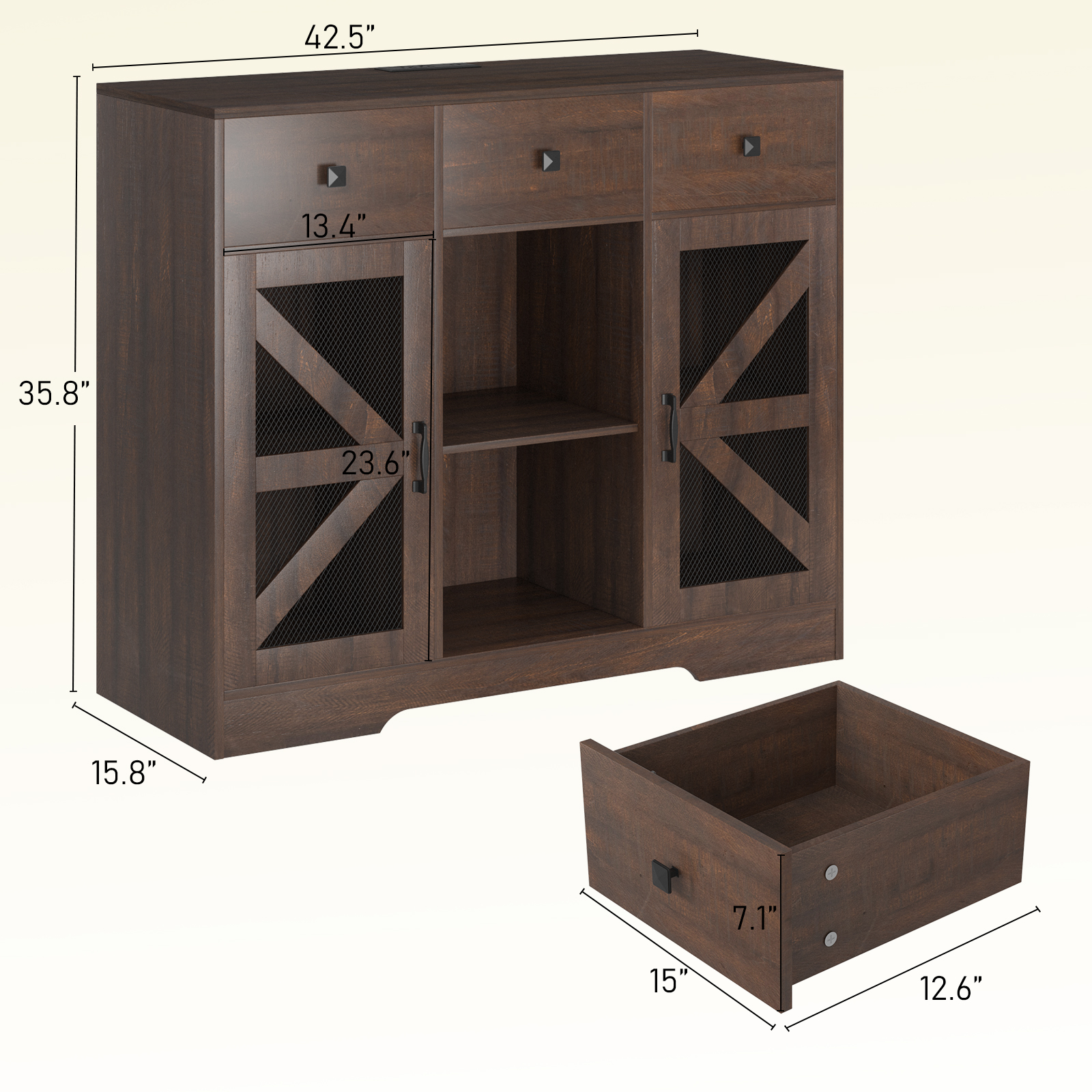 Modern Farmhouse 3 Drawer Coffee Bar Cabinet with Power Outlet, Wood Sideboard Buffet Bar Cabinet with 2-Door Cabinet and Adjustble Shelves, White 42-inch