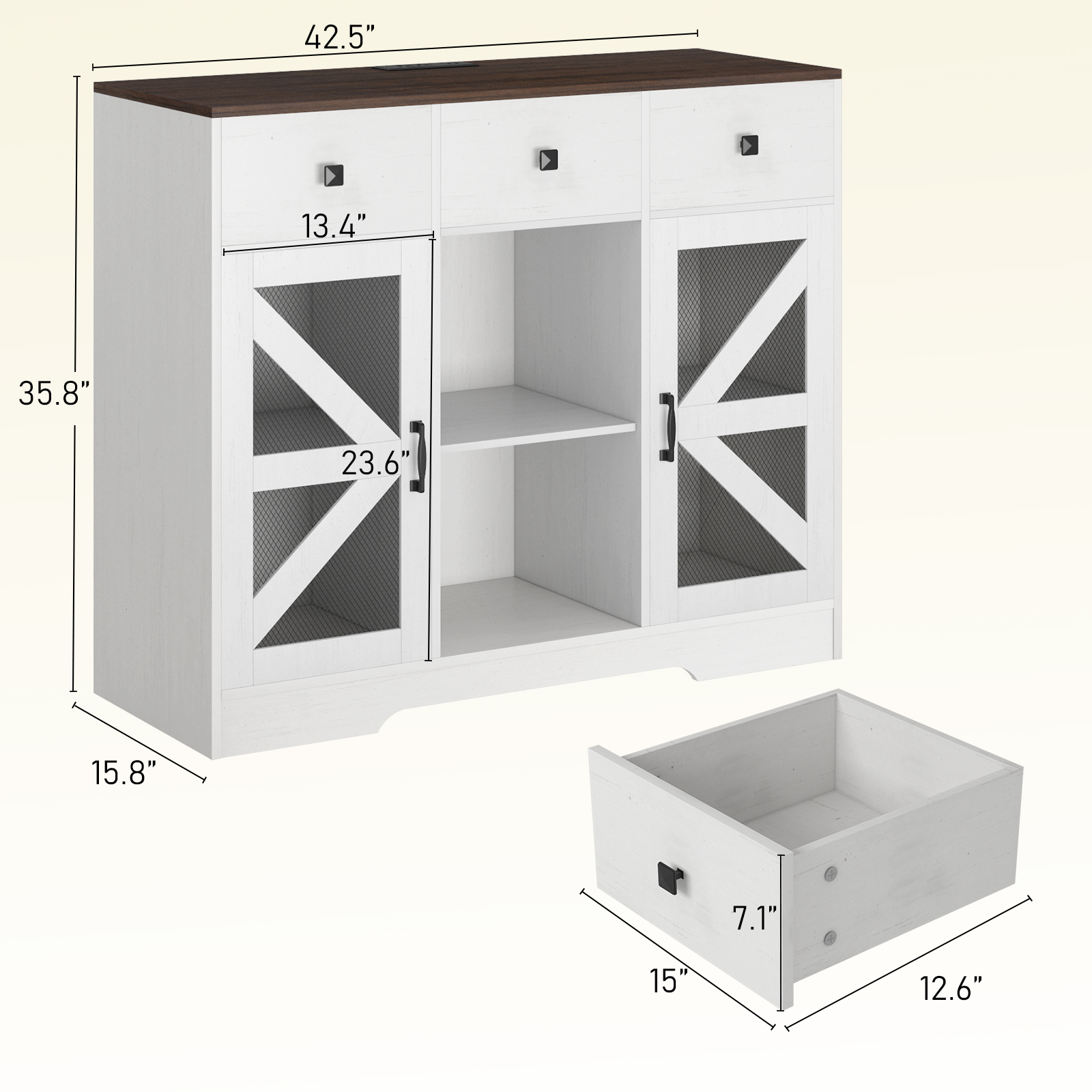 Modern Farmhouse 3 Drawer Coffee Bar Cabinet with Power Outlet, Wood Sideboard Buffet Bar Cabinet with 2-Door Cabinet and Adjustble Shelves, White 42-inch