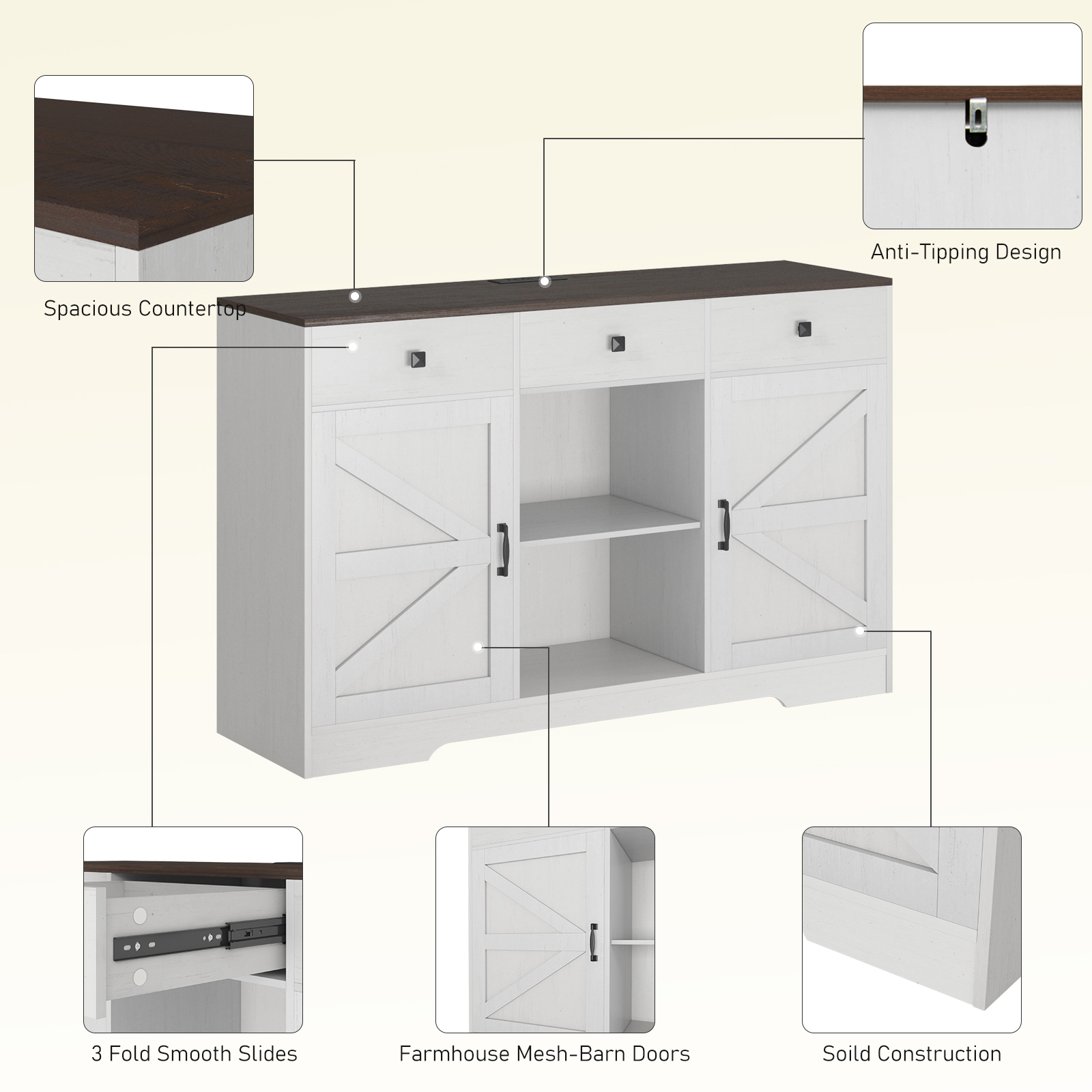 Blotout Farmhouse Coffee Bar Cabinet, 54" Kitchen Buffet Storage Cabinet with Doors and Drawers, Farmhouse Sideboard Buffet Table Coffee Bar Cabinet for Dining Room Living Room