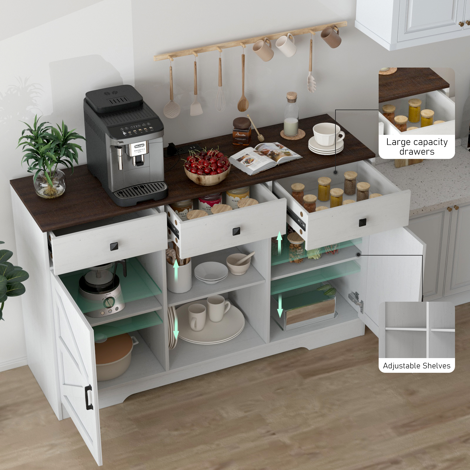 Blotout Farmhouse Coffee Bar Cabinet, 54" Kitchen Buffet Storage Cabinet with Doors and Drawers, Farmhouse Sideboard Buffet Table Coffee Bar Cabinet for Dining Room Living Room