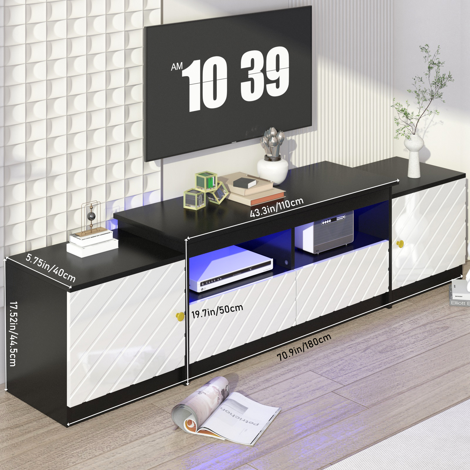 Blotout TV Stand for TVs up to 80”, Modern High Gloss TV Cabinet with RGB LED Lights, Entertainment Center Console Table with Storage Drawers, Black & White
