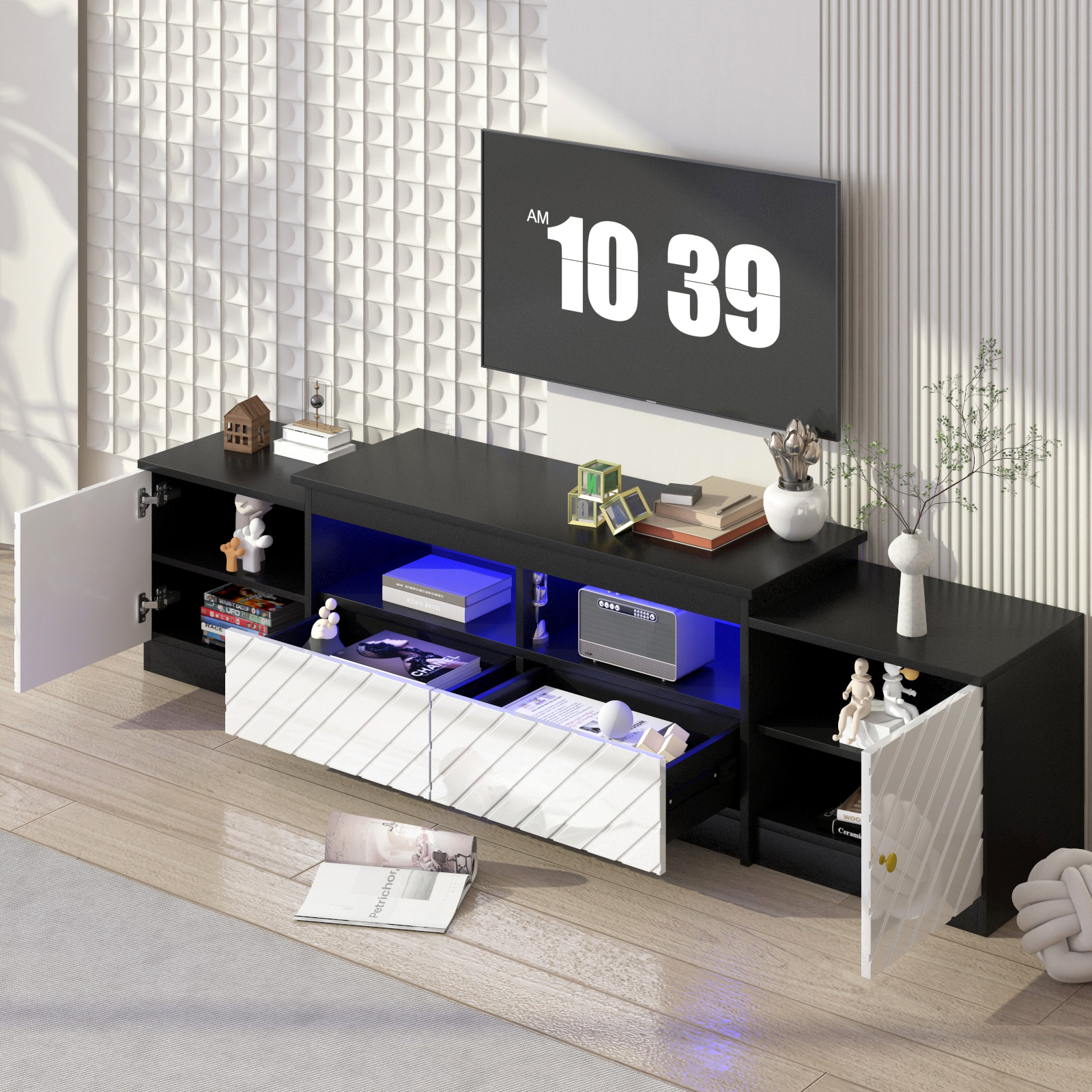 Blotout TV Stand for TVs up to 80”, Modern High Gloss TV Cabinet with RGB LED Lights, Entertainment Center Console Table with Storage Drawers, Black & White