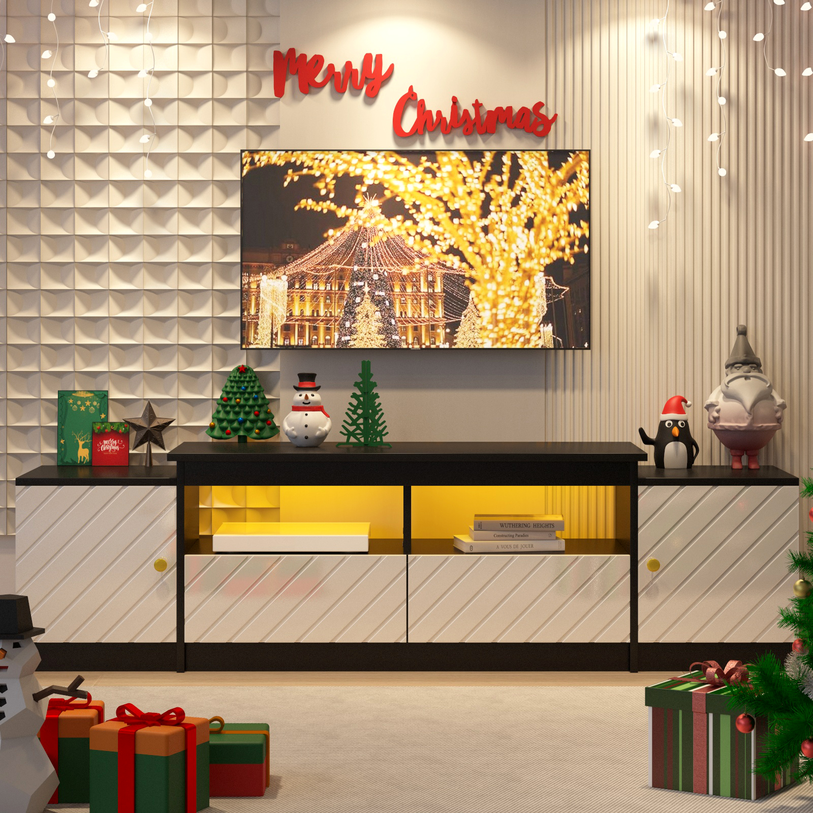 Blotout TV Stand for TVs up to 80”, Modern High Gloss TV Cabinet with RGB LED Lights, Entertainment Center Console Table with Storage Drawers, Black & White