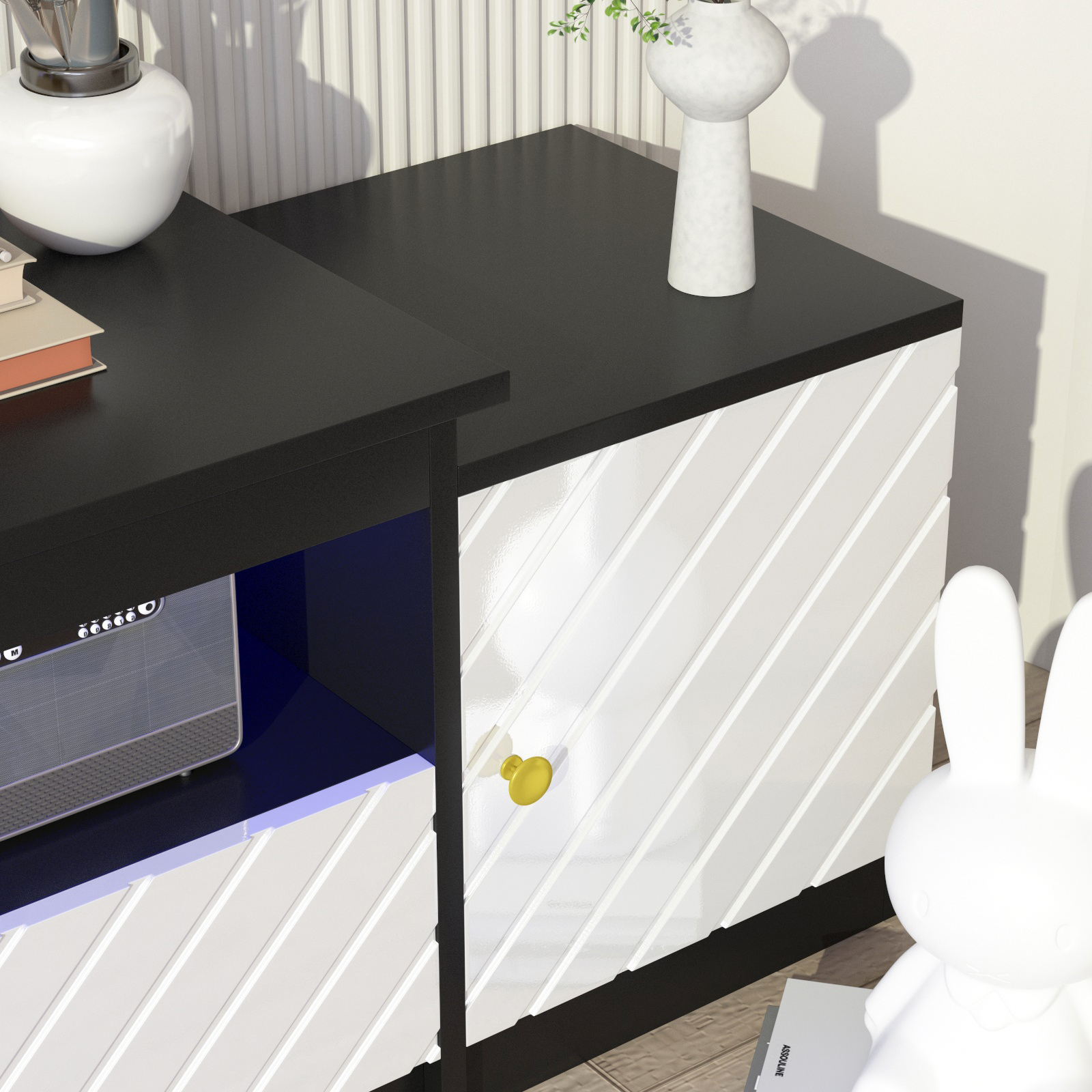 Blotout TV Stand for TVs up to 80”, Modern High Gloss TV Cabinet with RGB LED Lights, Entertainment Center Console Table with Storage Drawers, Black & White