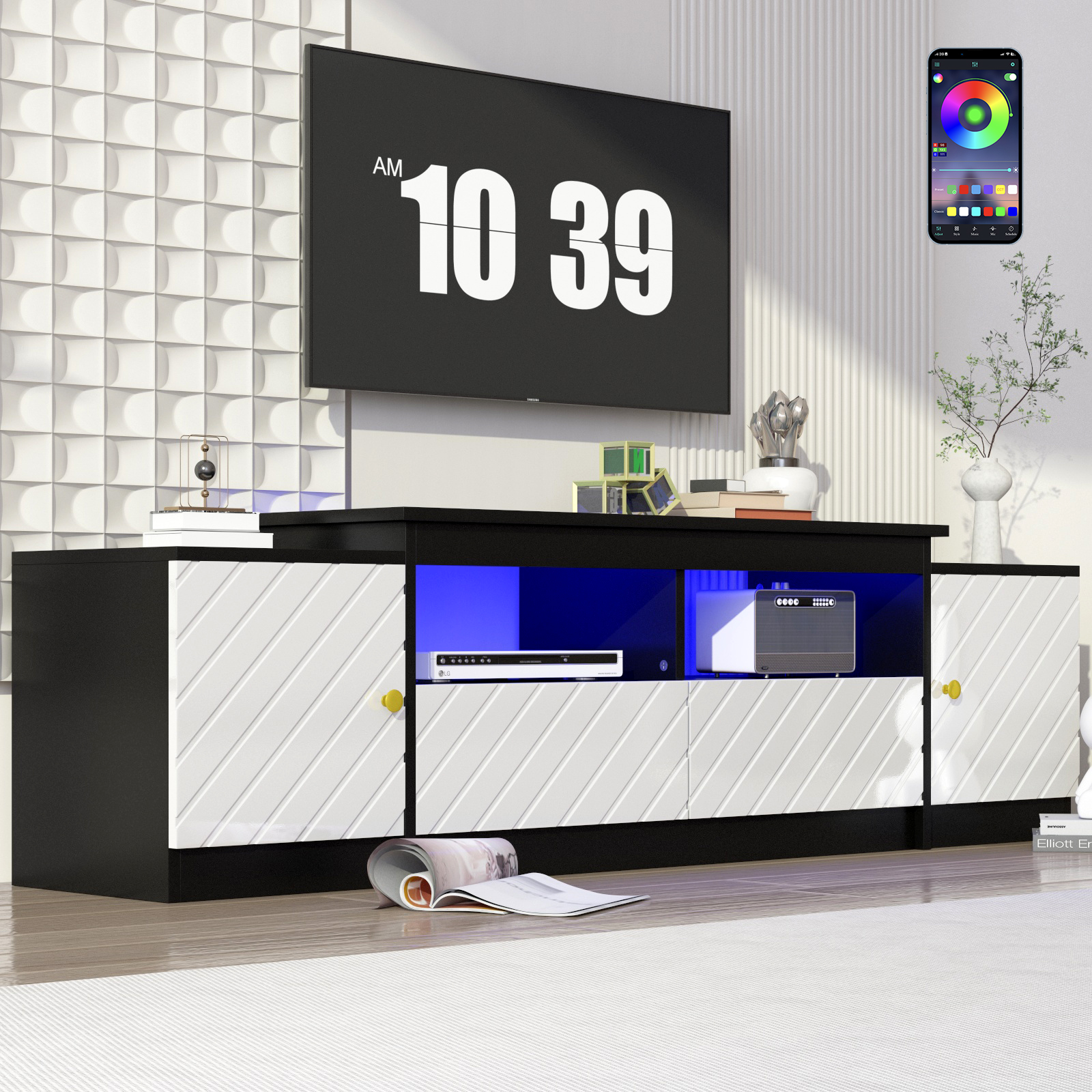 Blotout TV Stand for TVs up to 80”, Modern High Gloss TV Cabinet with RGB LED Lights, Entertainment Center Console Table with Storage Drawers, Black & White