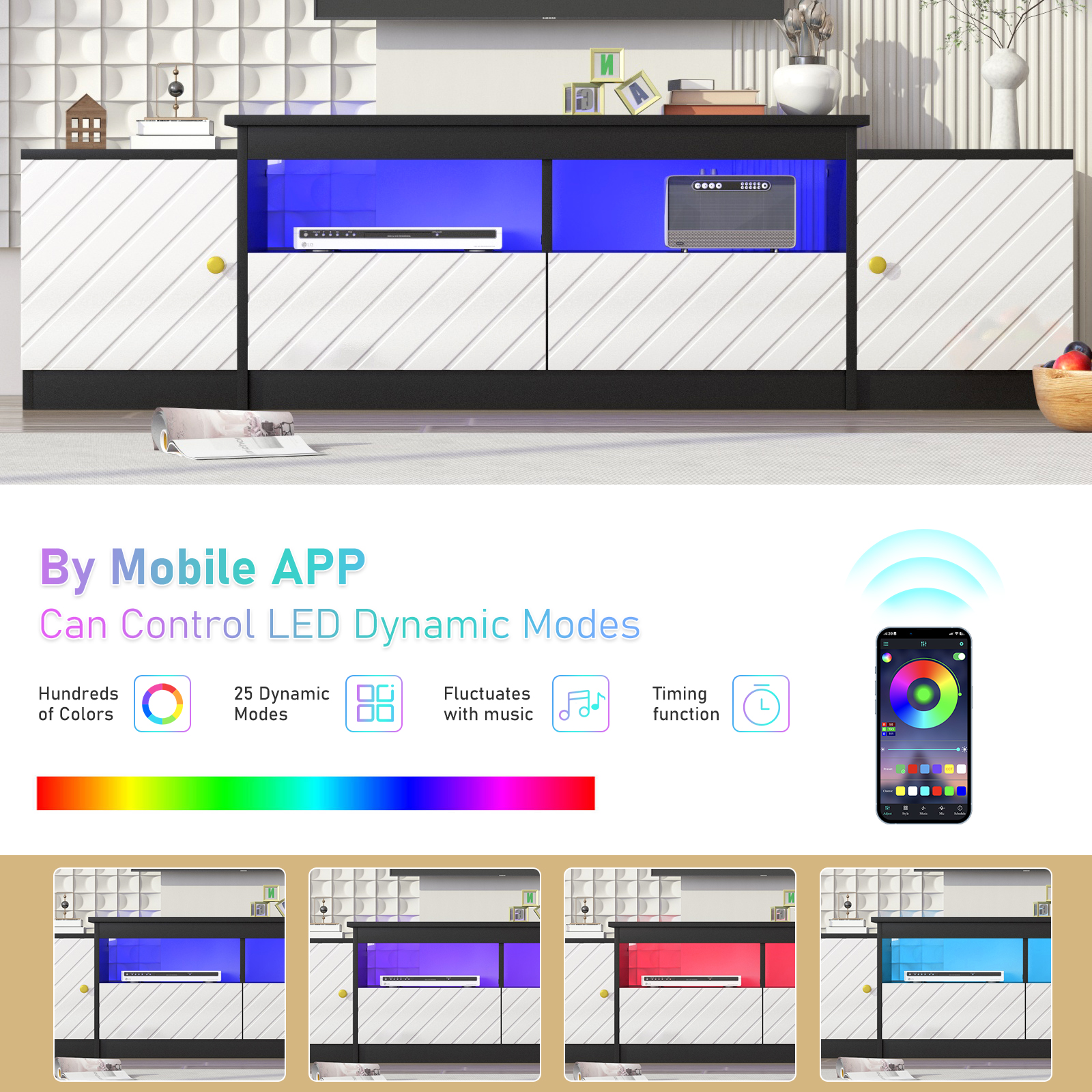 Blotout TV Stand for TVs up to 80”, Modern High Gloss TV Cabinet with RGB LED Lights, Entertainment Center Console Table with Storage Drawers, Black & White