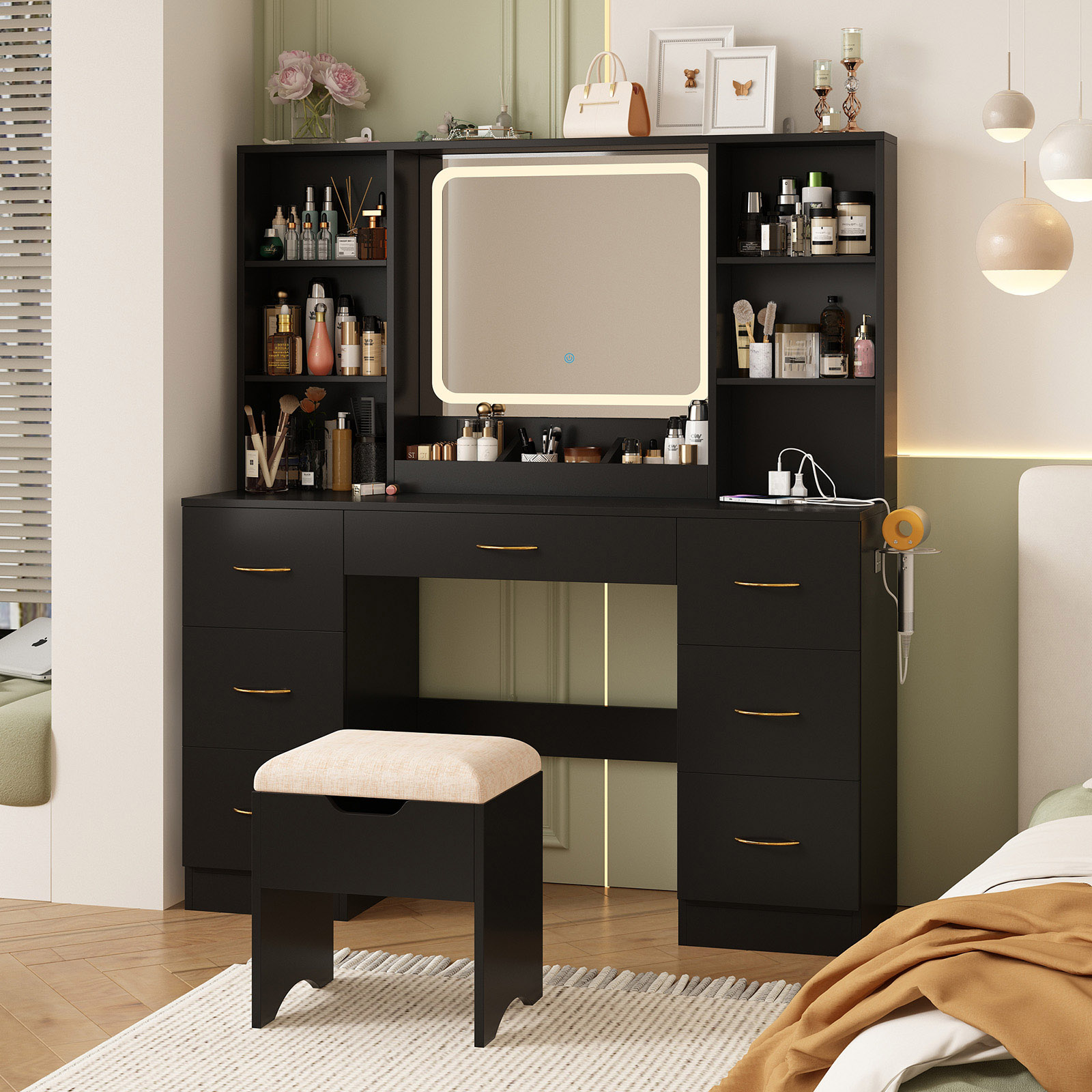 47" Large Vanity Desk with LED Lighted Mirror & Power Outlet & 7 Drawers