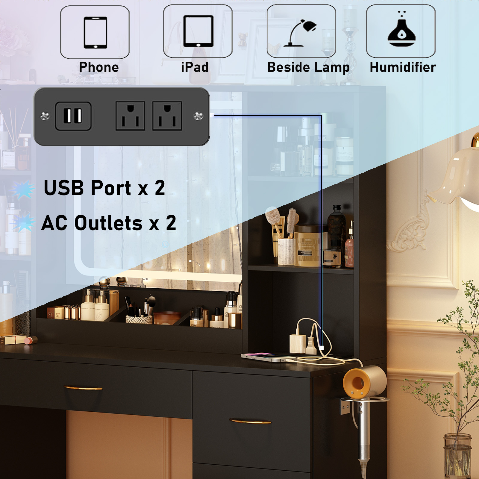 47" Large Vanity Desk with LED Lighted Mirror & Power Outlet & 7 Drawers