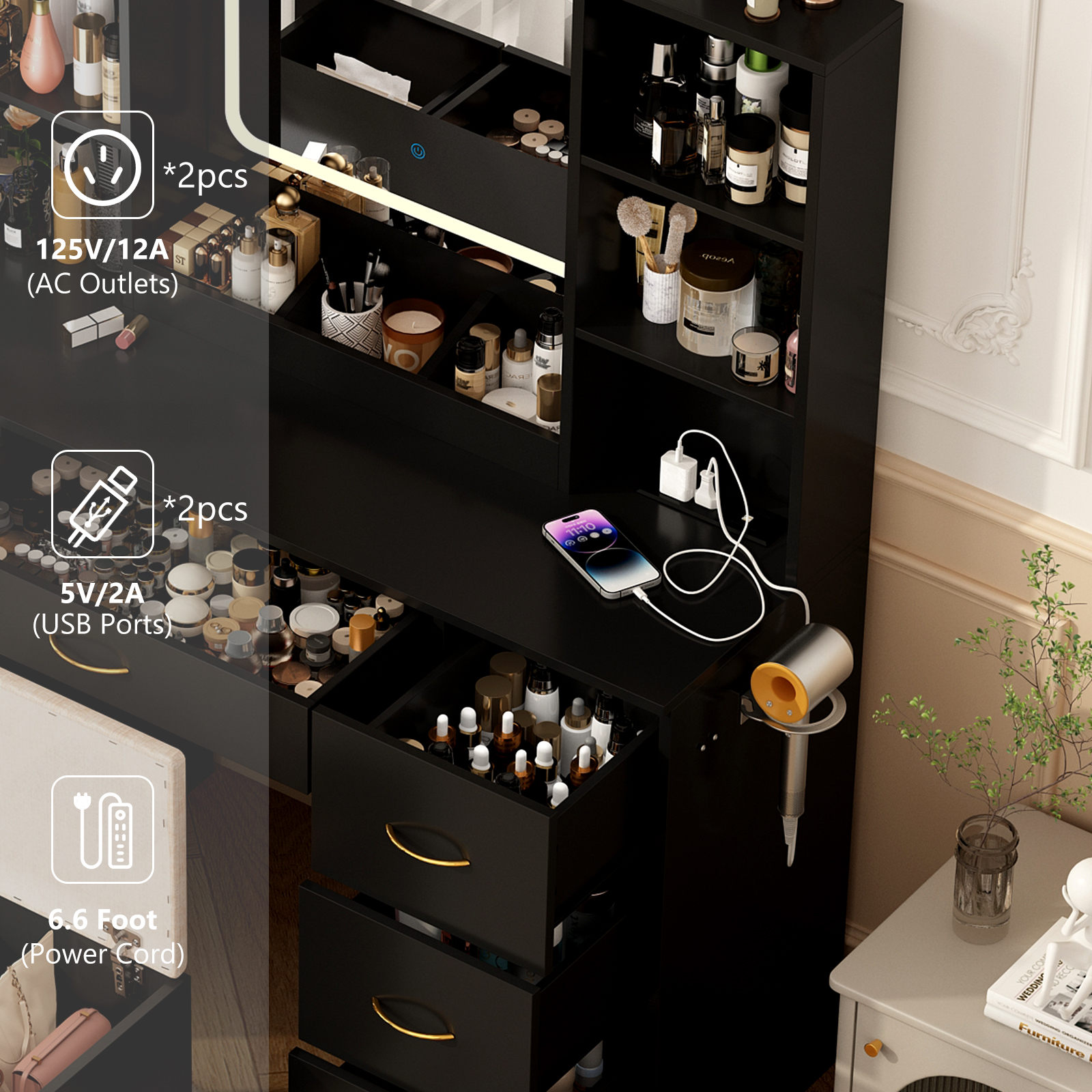 47" Large Vanity Desk with LED Lighted Mirror & Power Outlet & 7 Drawers