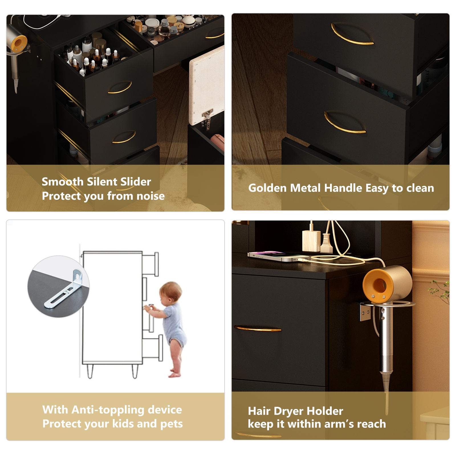 47" Large Vanity Desk with LED Lighted Mirror & Power Outlet & 7 Drawers