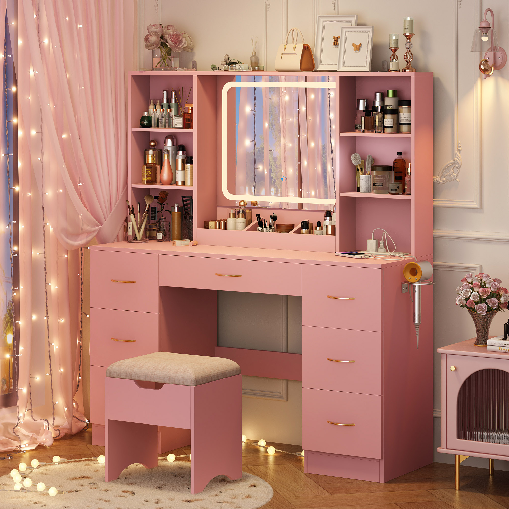 Blotout 47" Large Vanity Desk with LED Lighted Mirror & 7 Drawers