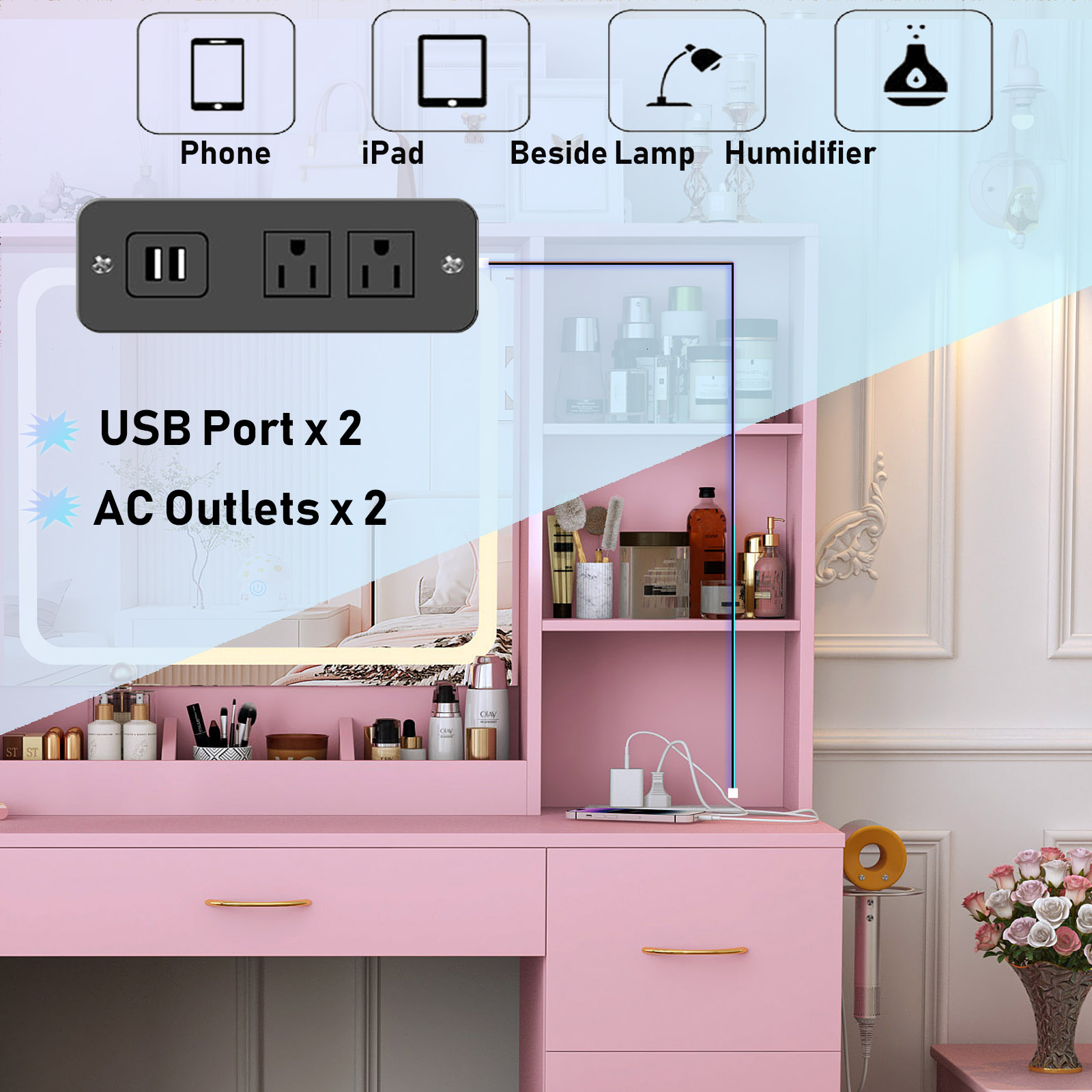 Blotout 47" Large Vanity Desk with LED Lighted Mirror & 7 Drawers