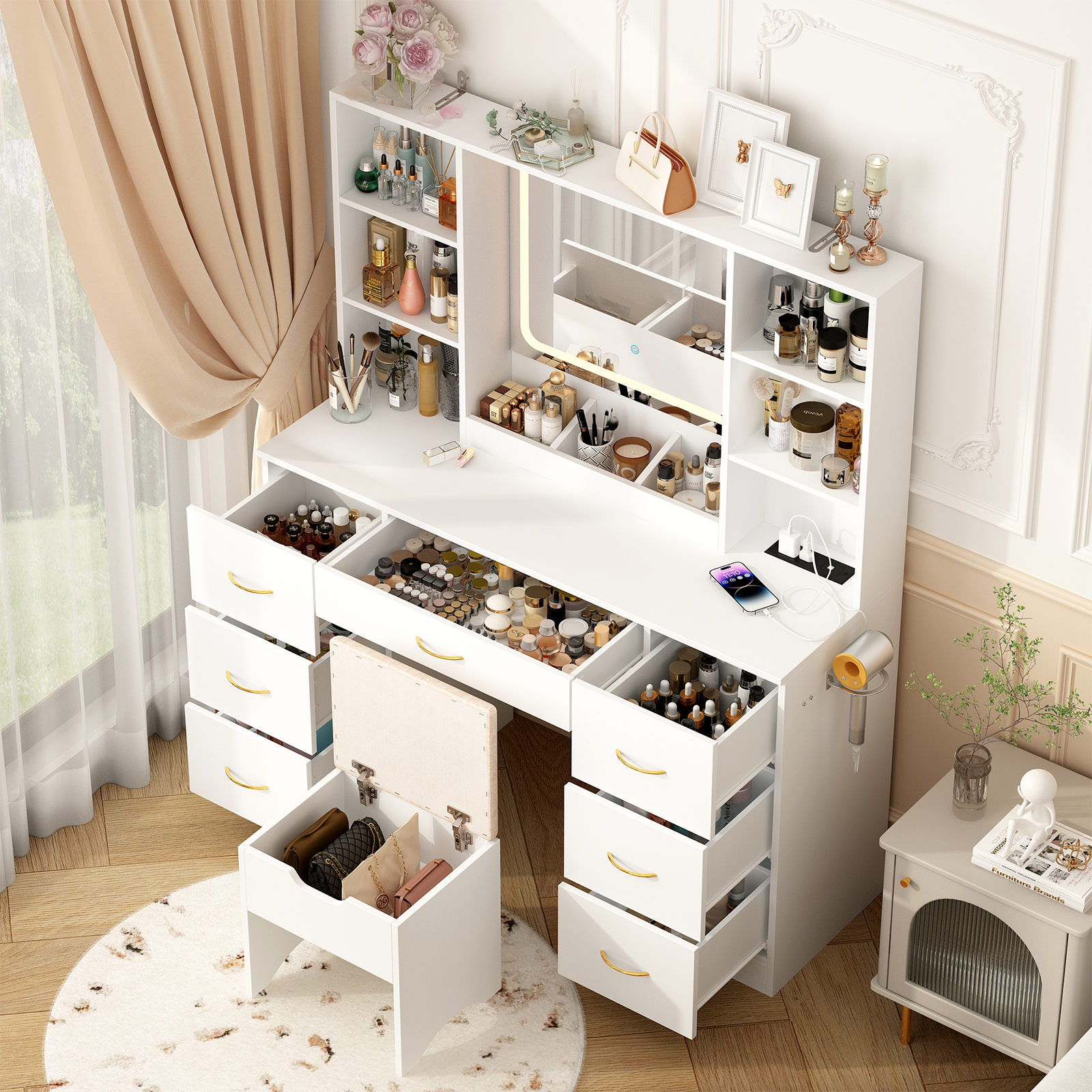 47" Large Vanity Desk with LED Lighted Mirror & Power Outlet & 7 Drawers