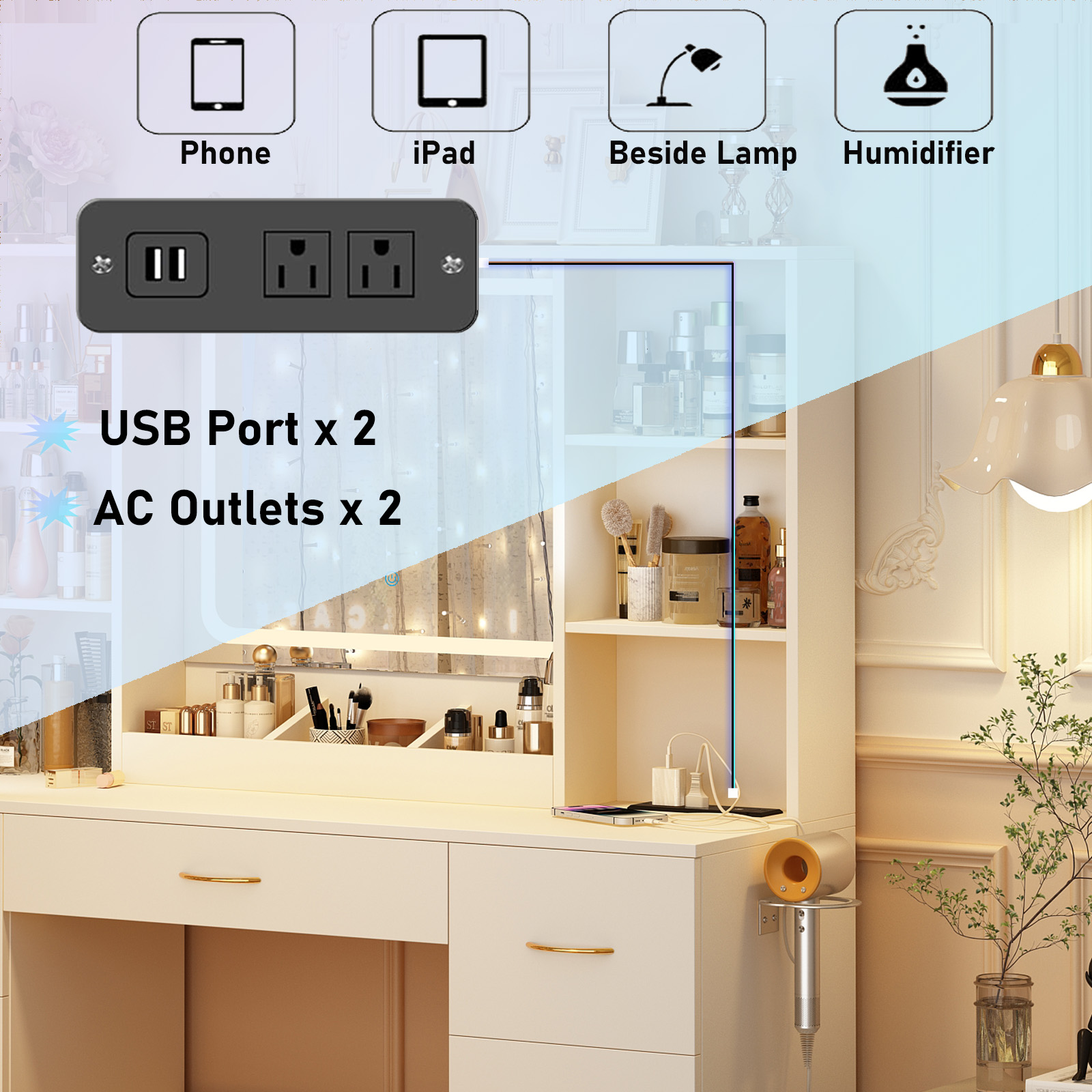 47" Large Vanity Desk with LED Lighted Mirror & Power Outlet & 7 Drawers