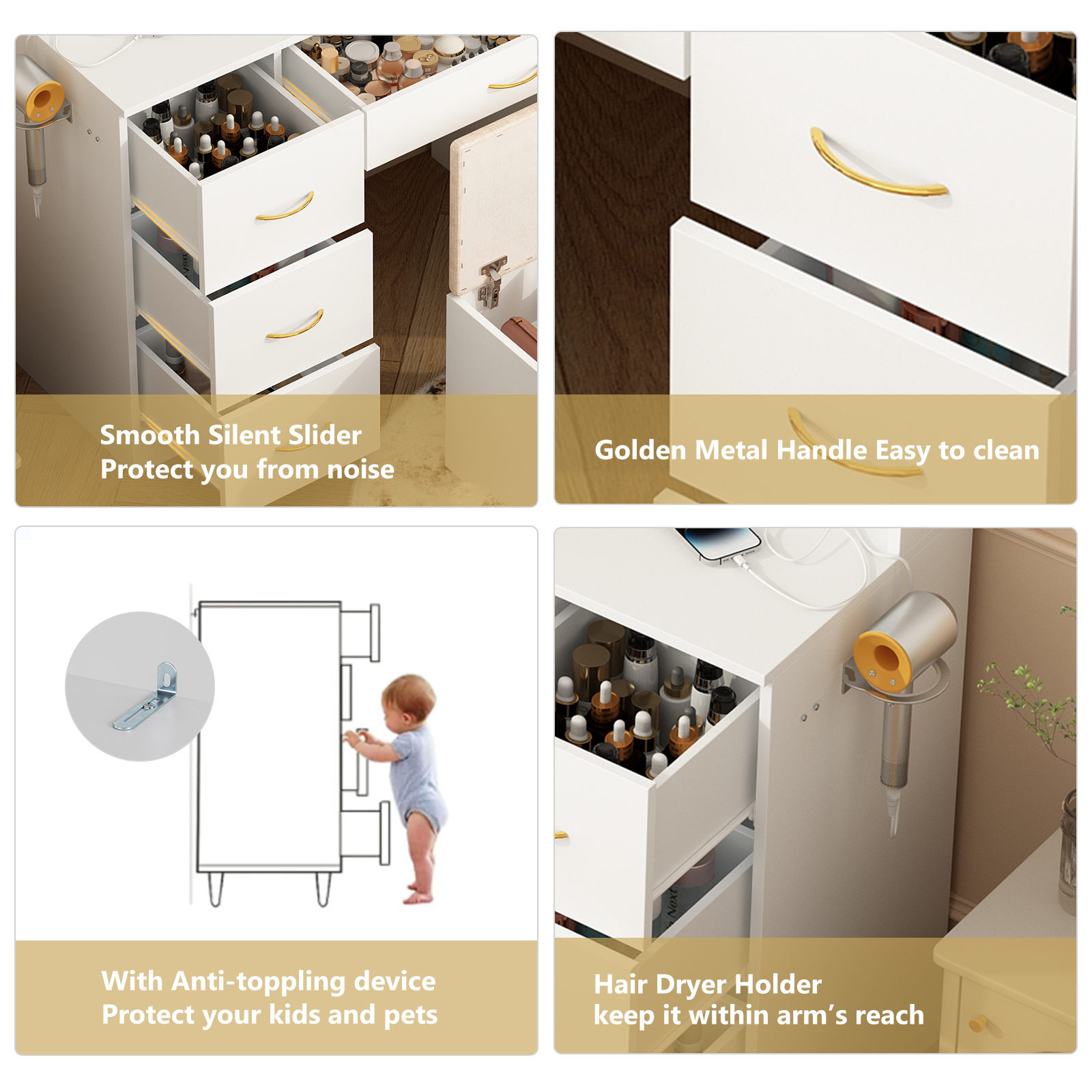 47" Large Vanity Desk with LED Lighted Mirror & Power Outlet & 7 Drawers